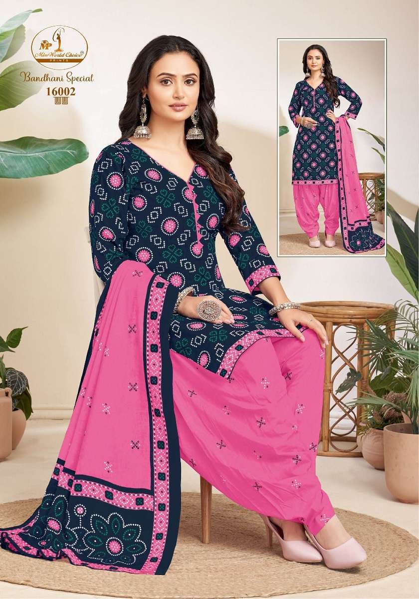 Miss World Bandhani Special Vol-16 series 16001 to 16010 Pure Cotton Printed salwar kameez in wholesale surat