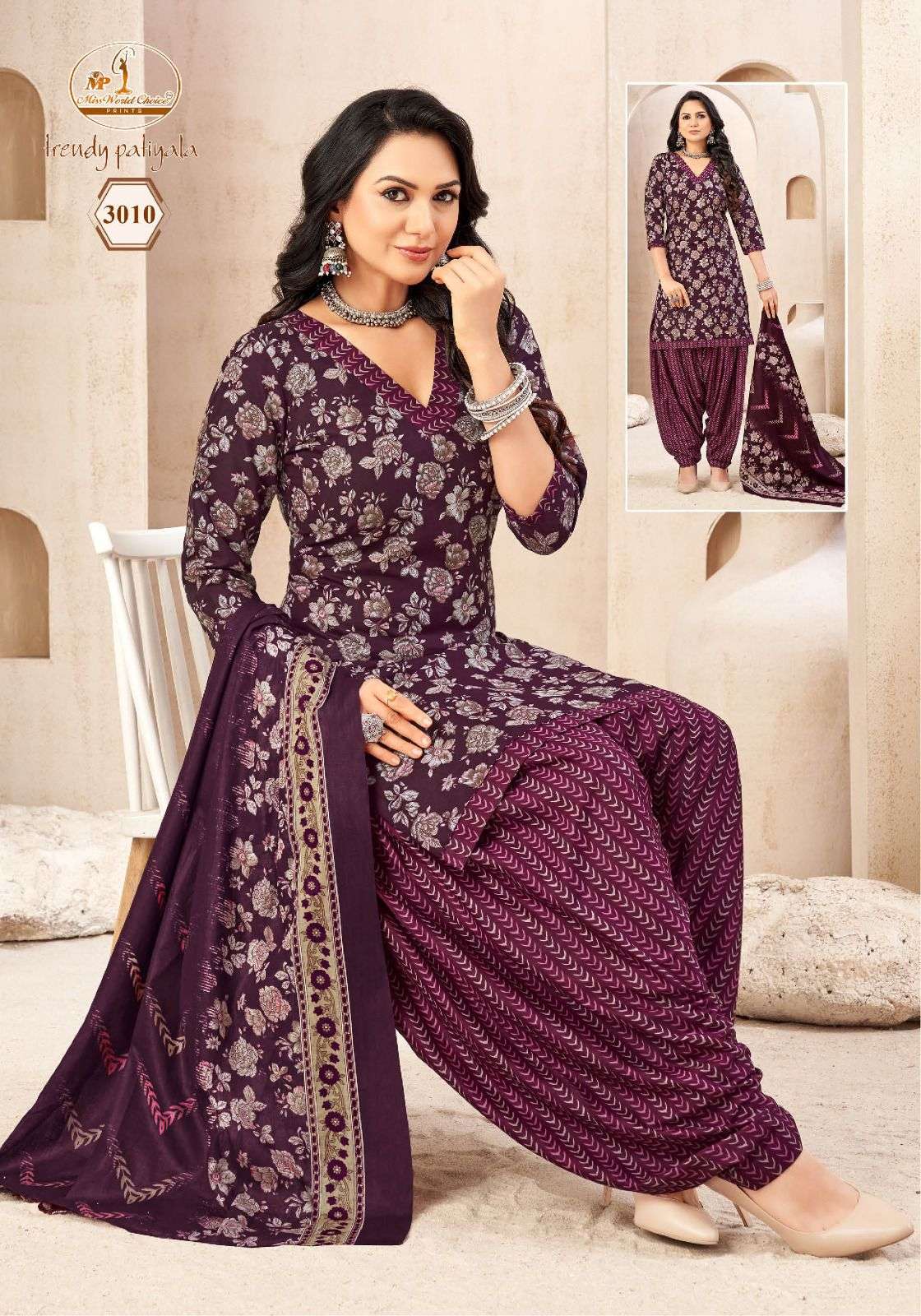 Miss World Trendy Patiyala Vol-3 series 3001 to 3010 Pure Cotton Printed Readymade Patiyala suit in wholesale surat