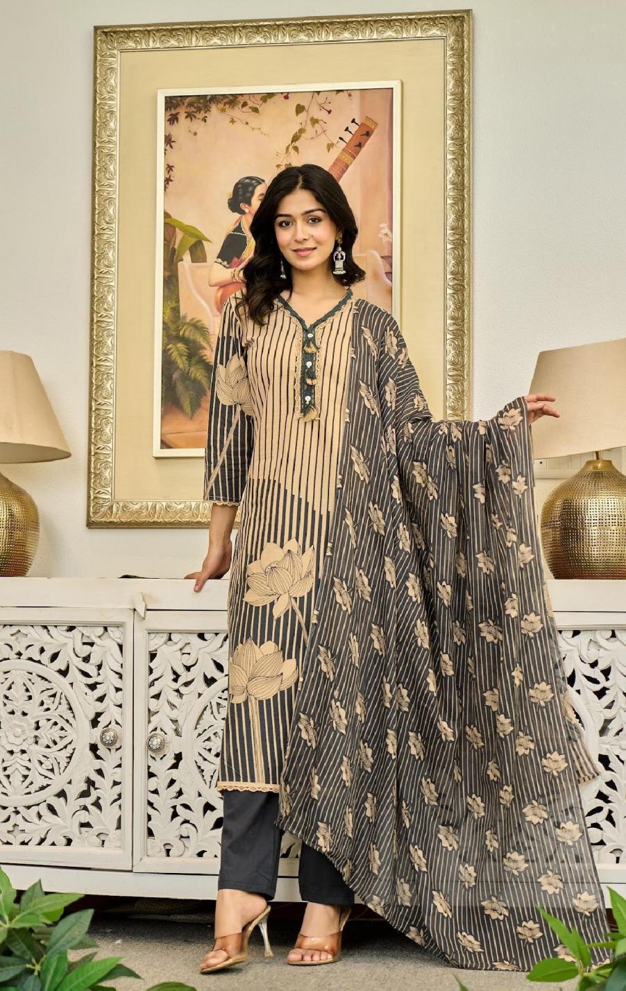 modern cotton hit design readymade stylish combo kurti pant dupatta set in wholesale surat