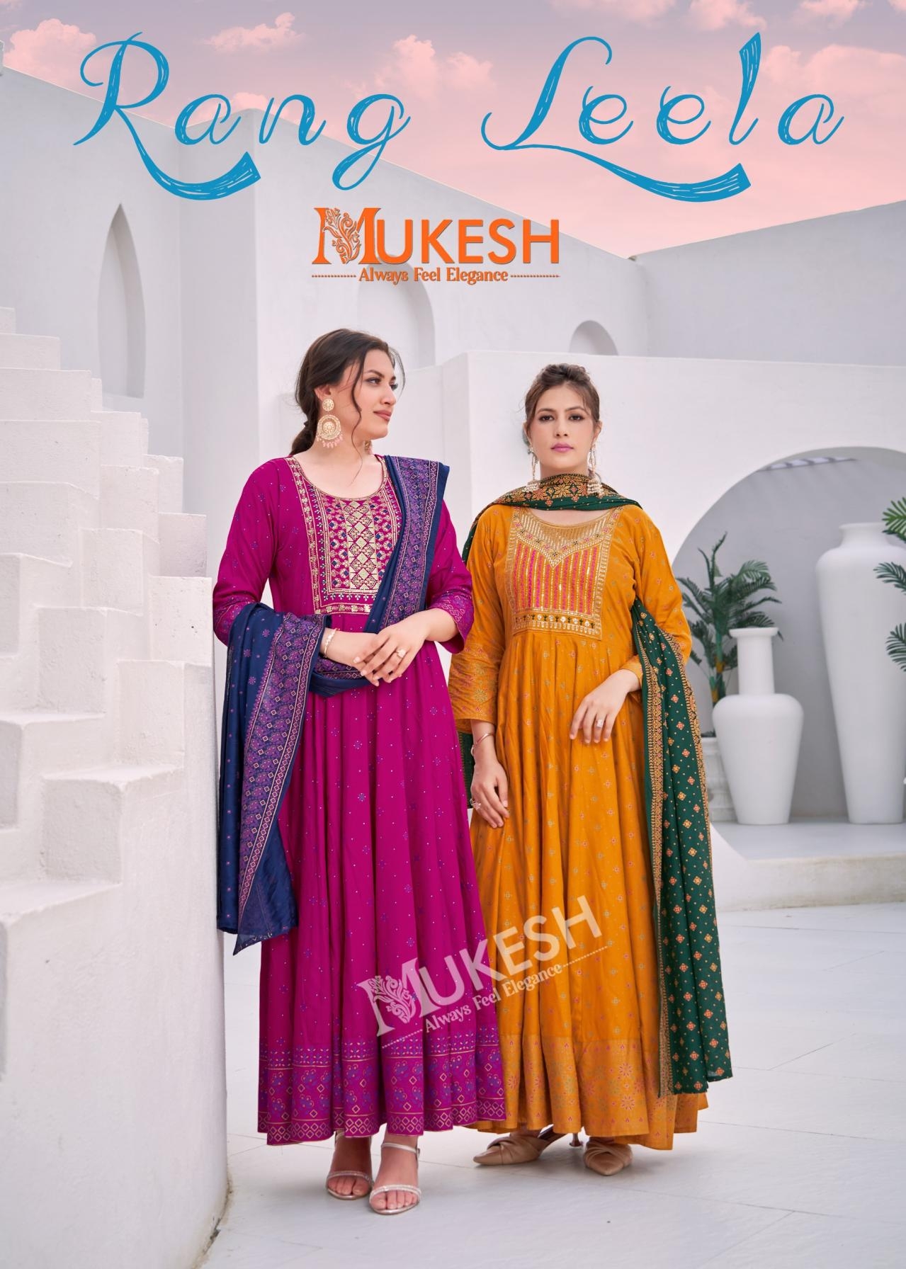 mukesh rang leela series 1001-1008 rayon full stitch gown with dupatta