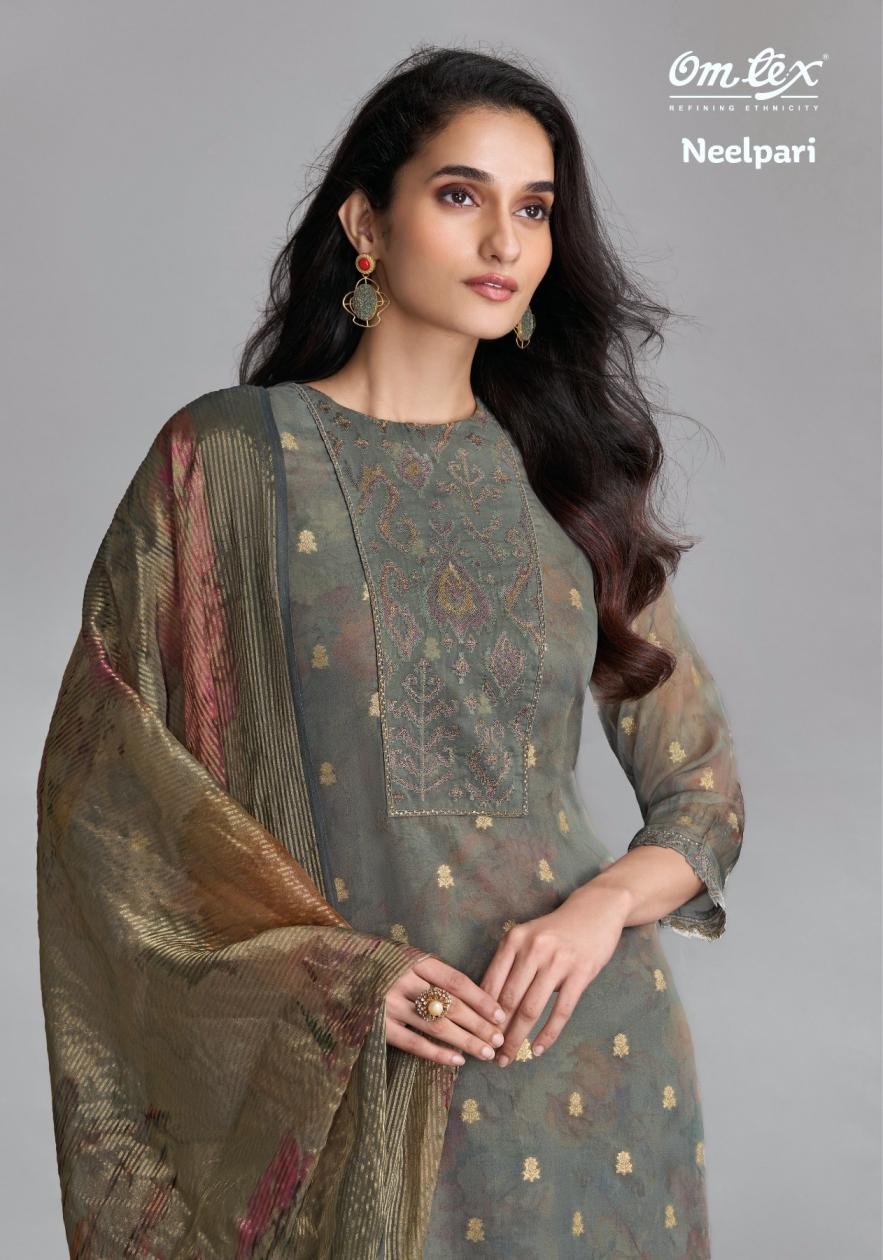 omtex neelpari series 7621 A to C organza jacquard traditional salwar kameez in wholesale surat
