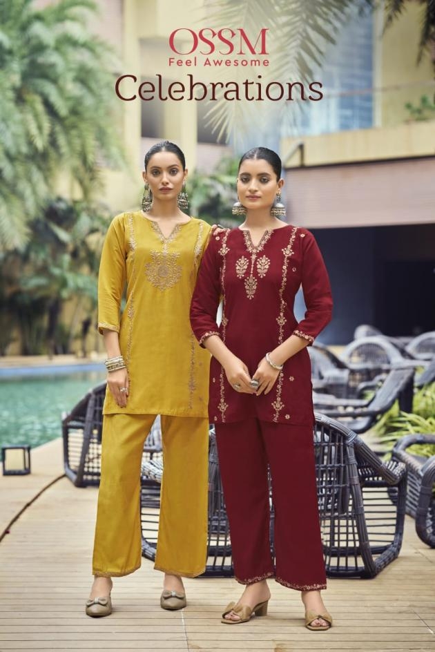 ossm launch celebrations series 1001 to 1006 viscose roman silk readymade stylish co-ord sets in wholesale surat