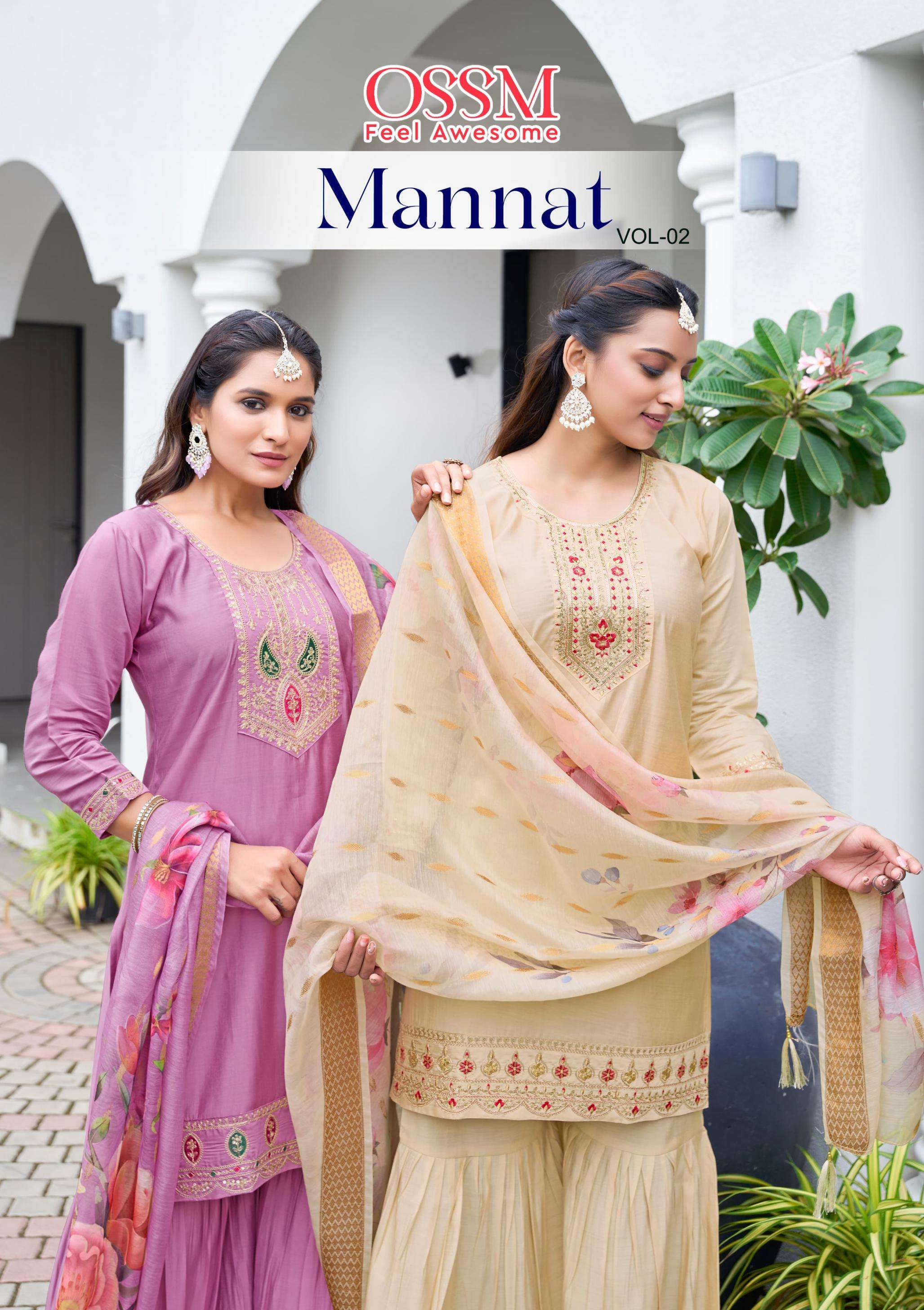 ossm mannat vol 2 series 2001 to 2006 readymade viscose roman silk classic plazzo style suit in wholesale surat