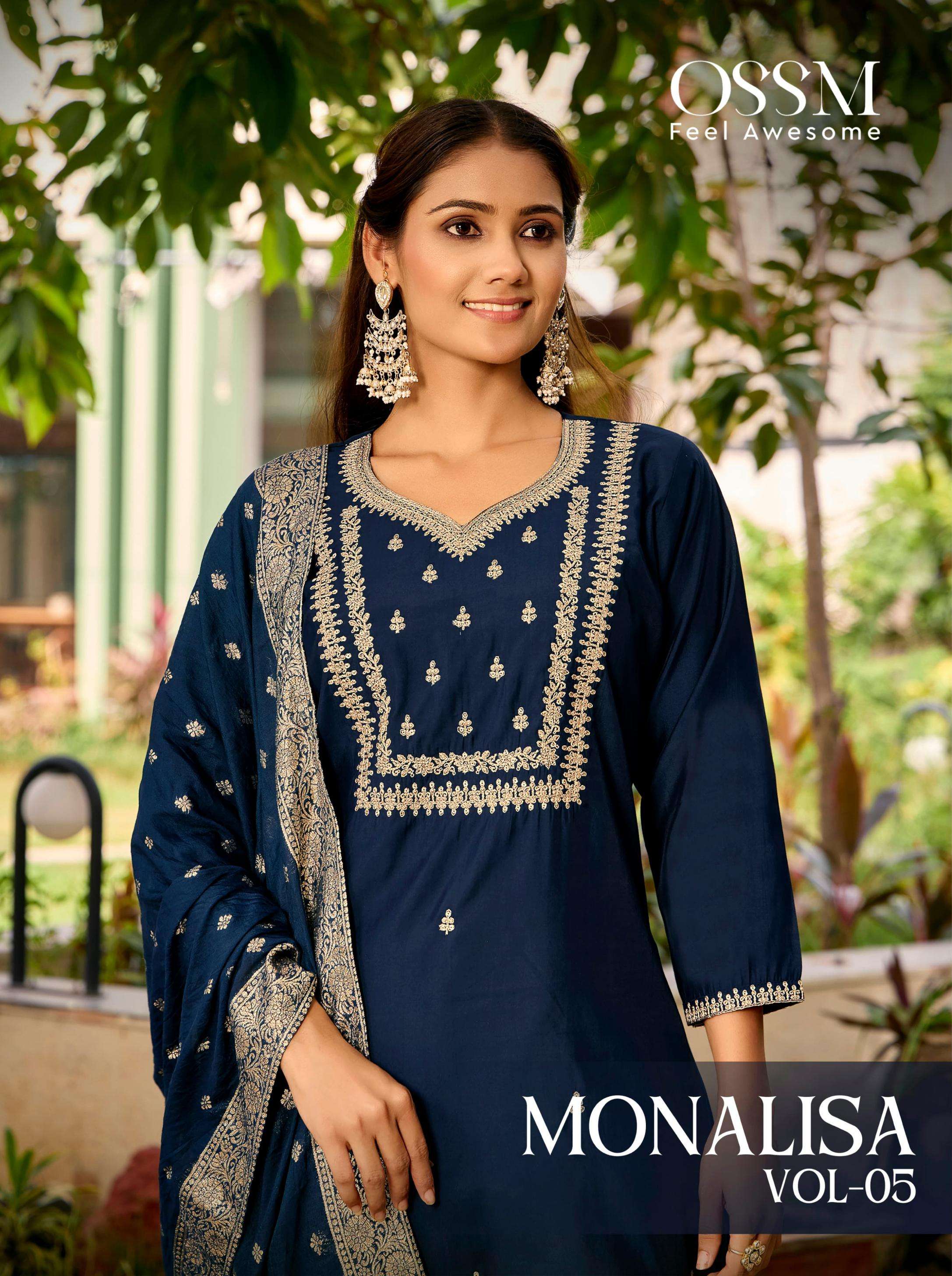 ossm monalisa vol 5 series 1001 to 1006 viscose roman silk readymade big size stylish suit in wholesale surat