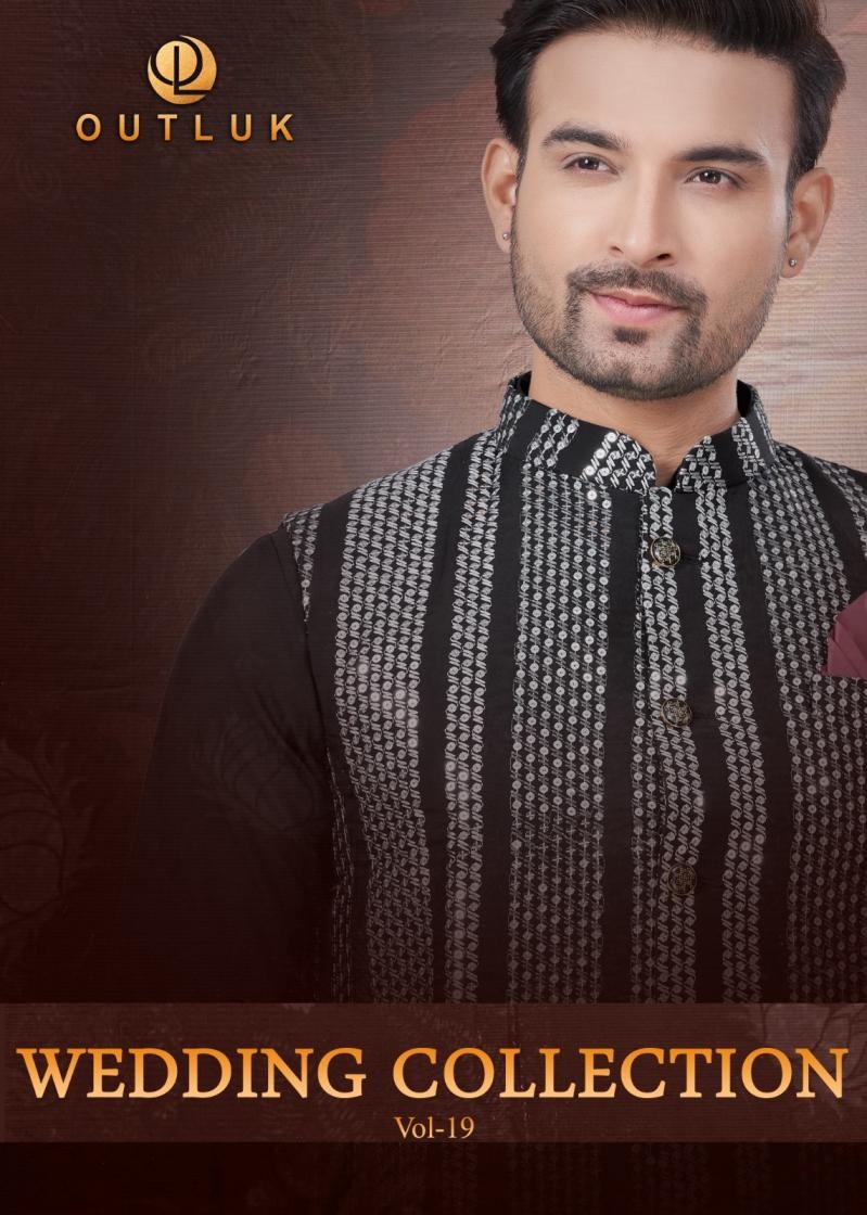 outluk wedding collection vol 19 series 19001 to 19009 silk readymade designer mens kurta pajama with koti in wholesale surat