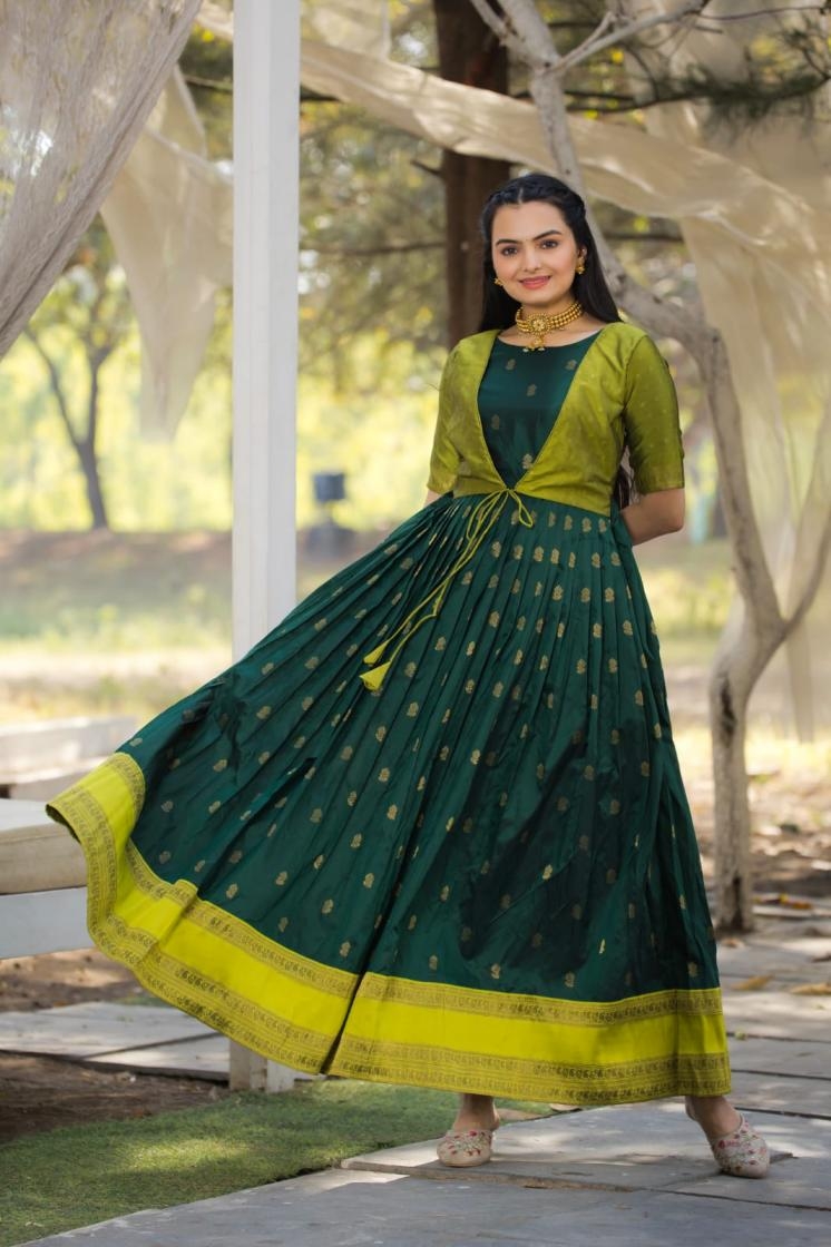 p r clothing 203035 silk blend with zari butti readymade big size gowns in wholesale surat