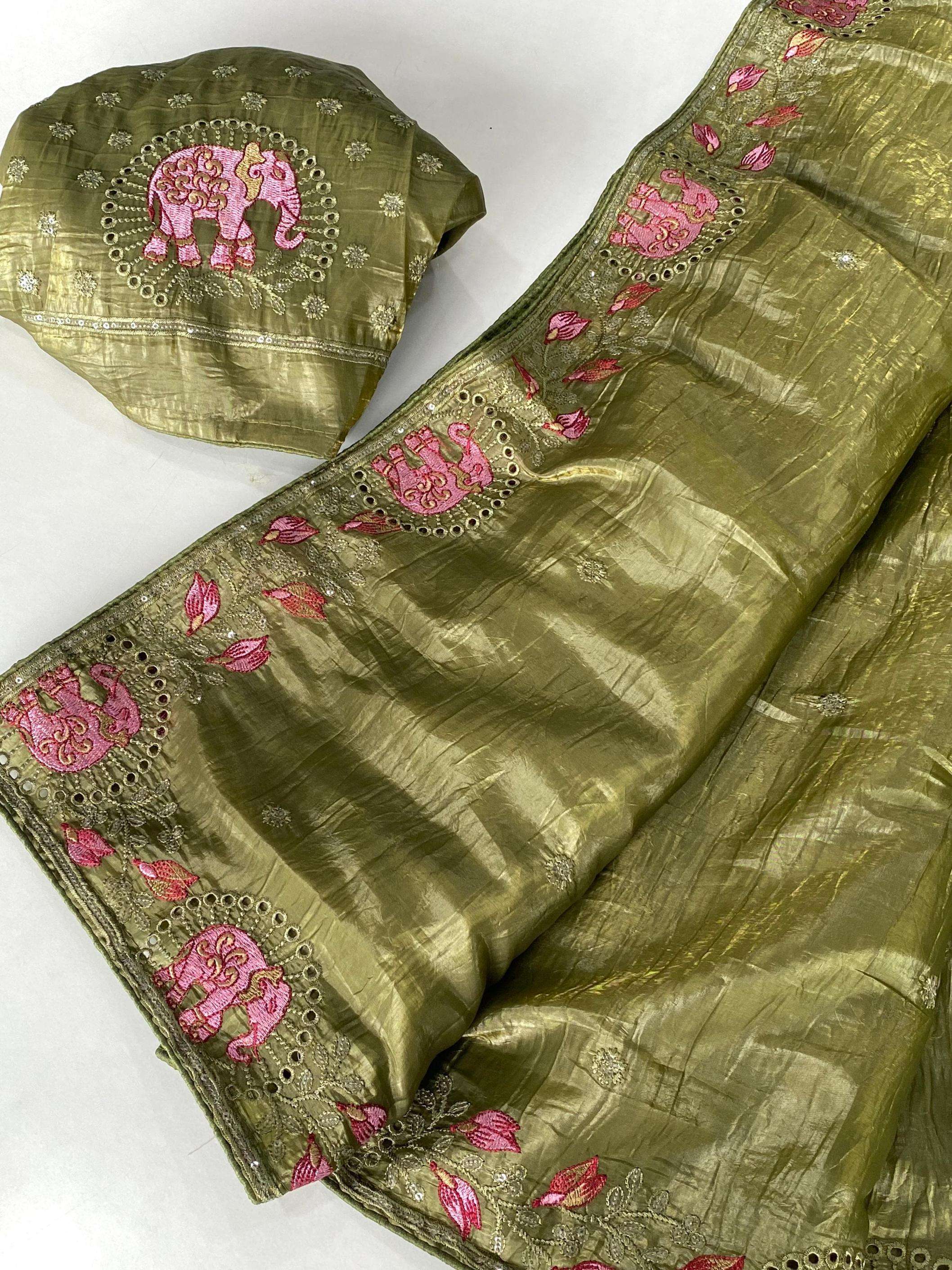 p r clothing charvi embroidery work luxurious crush silk sarees in wholesale surat