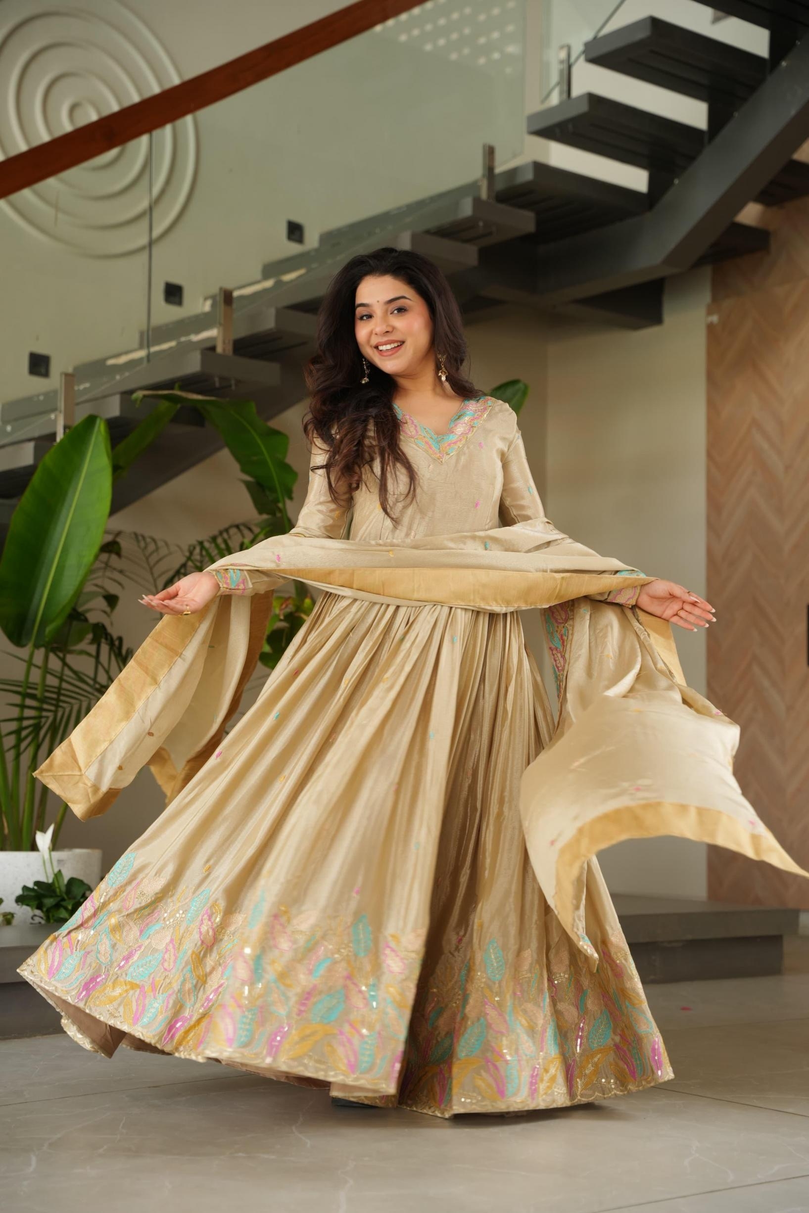 p r clothing lw 9229 readymade chinon sequins work anarkali gowns with dupatta in wholesale surat