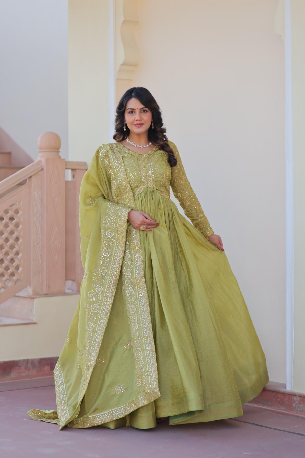 p r clothing lw 9240 gold crush embroidered readymade trendy gown with dupatta in wholesale surat