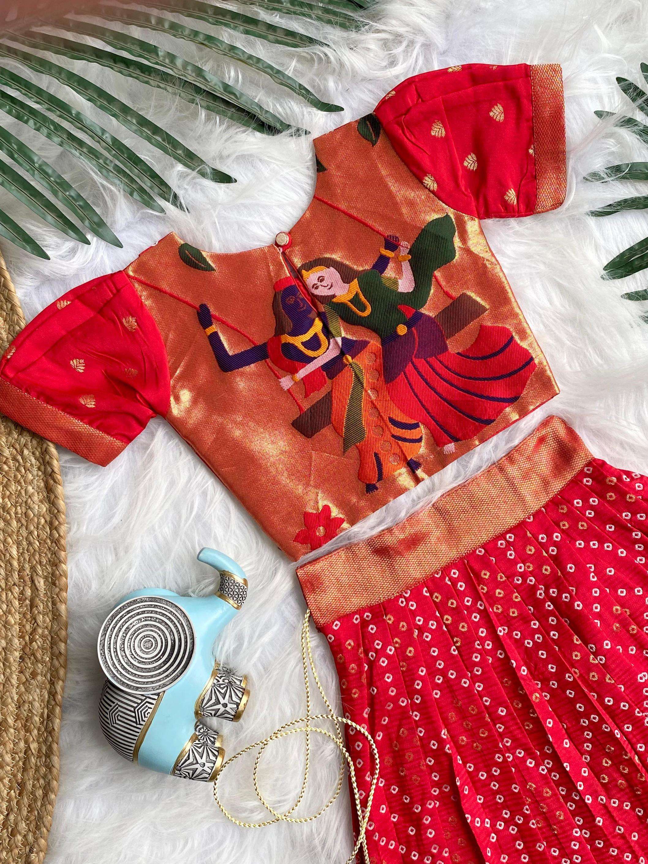 p r clothnig k bandhej silk blend readymade classic combo kids skirt and top in wholesale surat