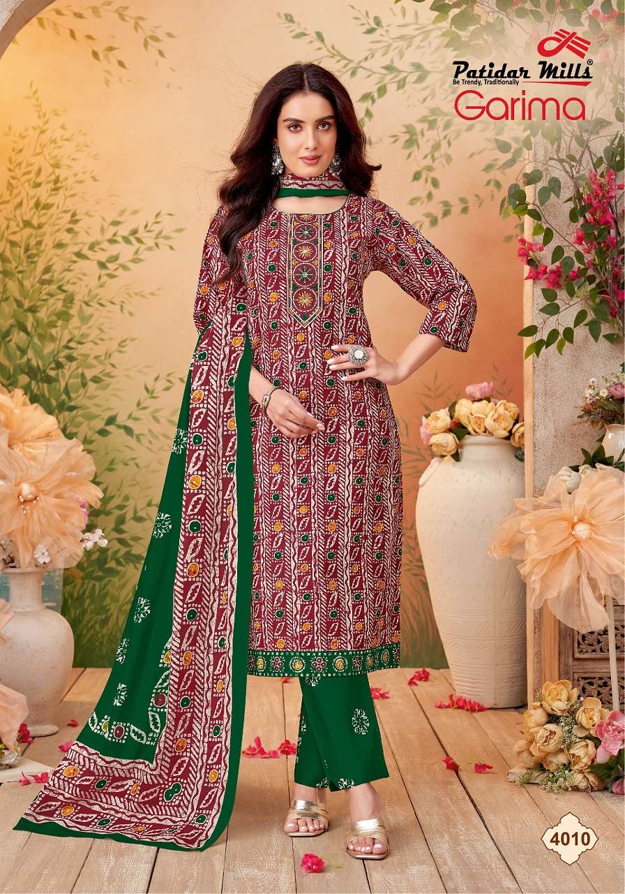Patidar Garima Vol-4 series 4001 to 4010 Pure Cotton Printed With Neck Embroidery Kurti Pant With Dupatta in wholesale surat