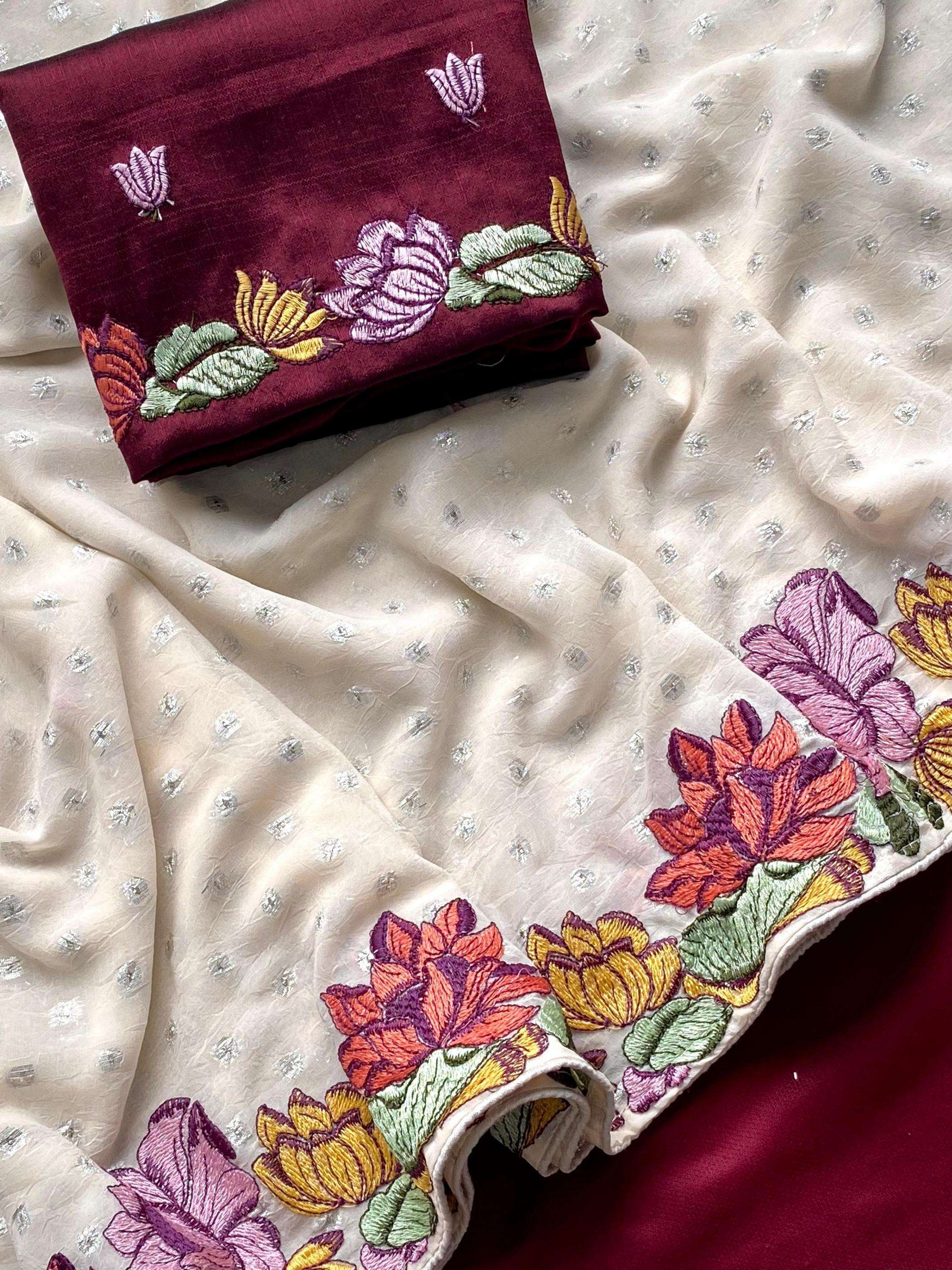 pr clothing arti georgette beautiful floral embroidered trendy sarees in wholesale surat