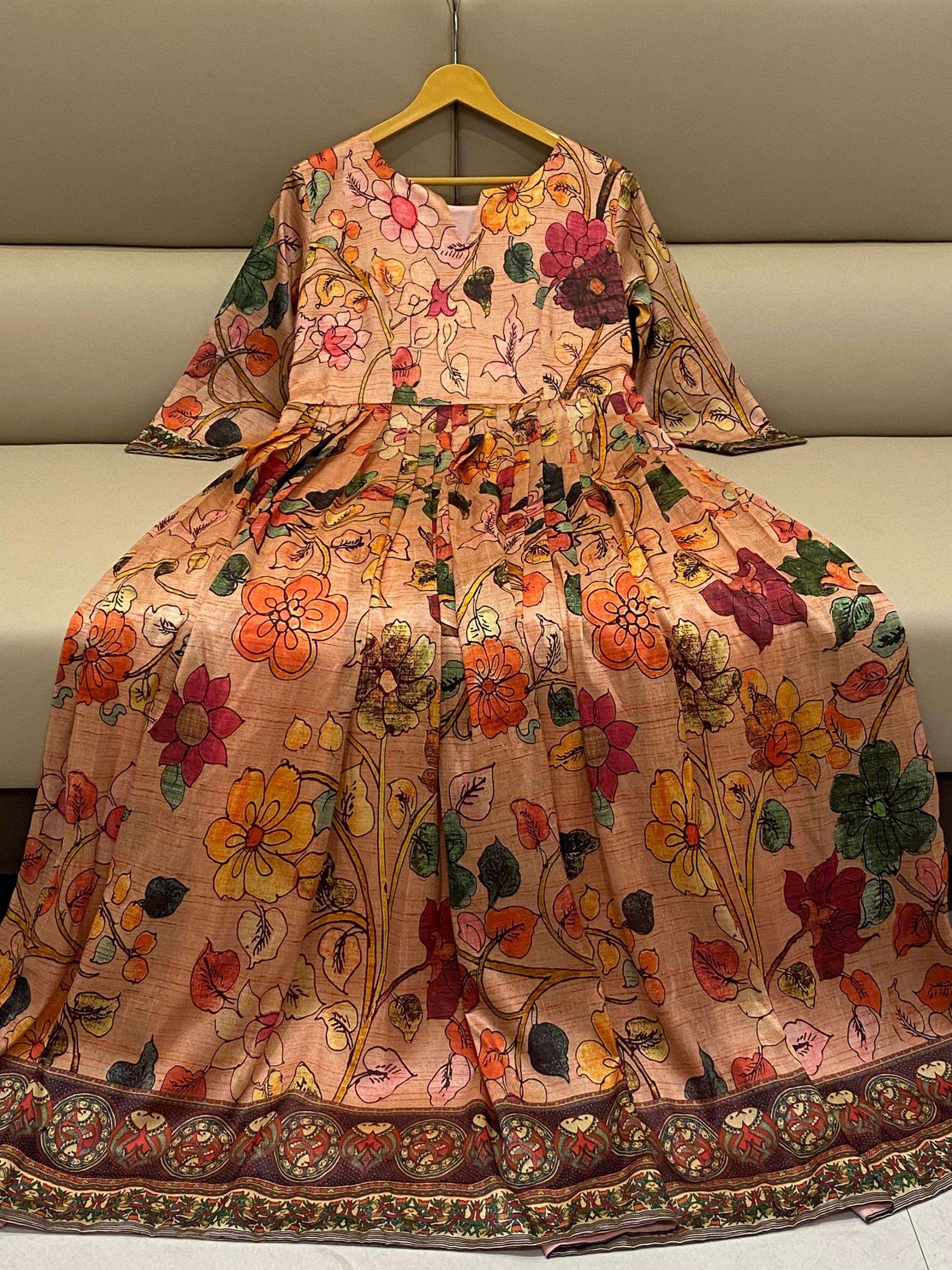 pr clothing ck1 silk blend fully stitch elegant kalamkari print gowns in wholesale surat