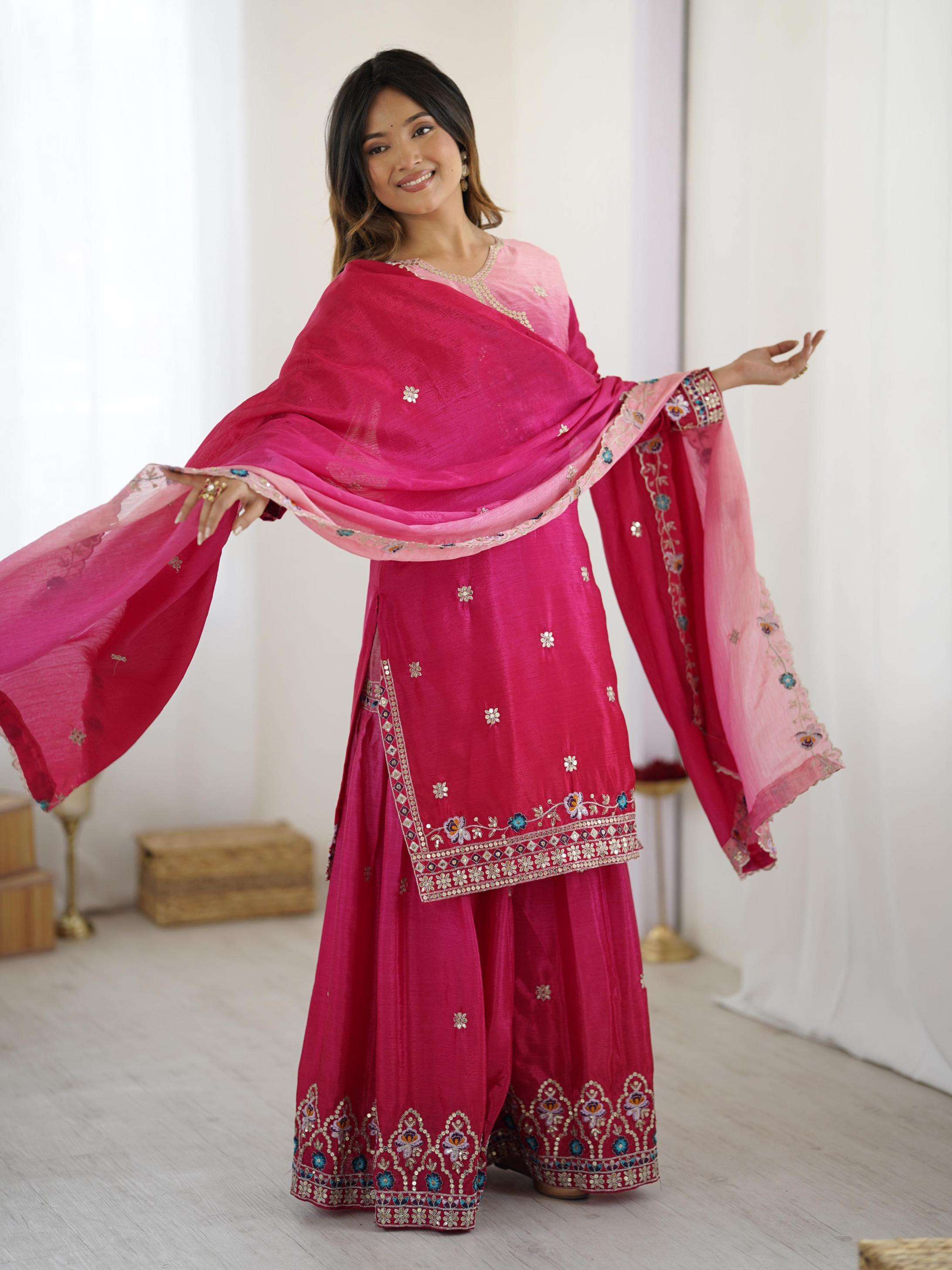 pr clothing dvd 5121 chinon readymade sequence work combo kurti sharara with dupatta in wholesale surat