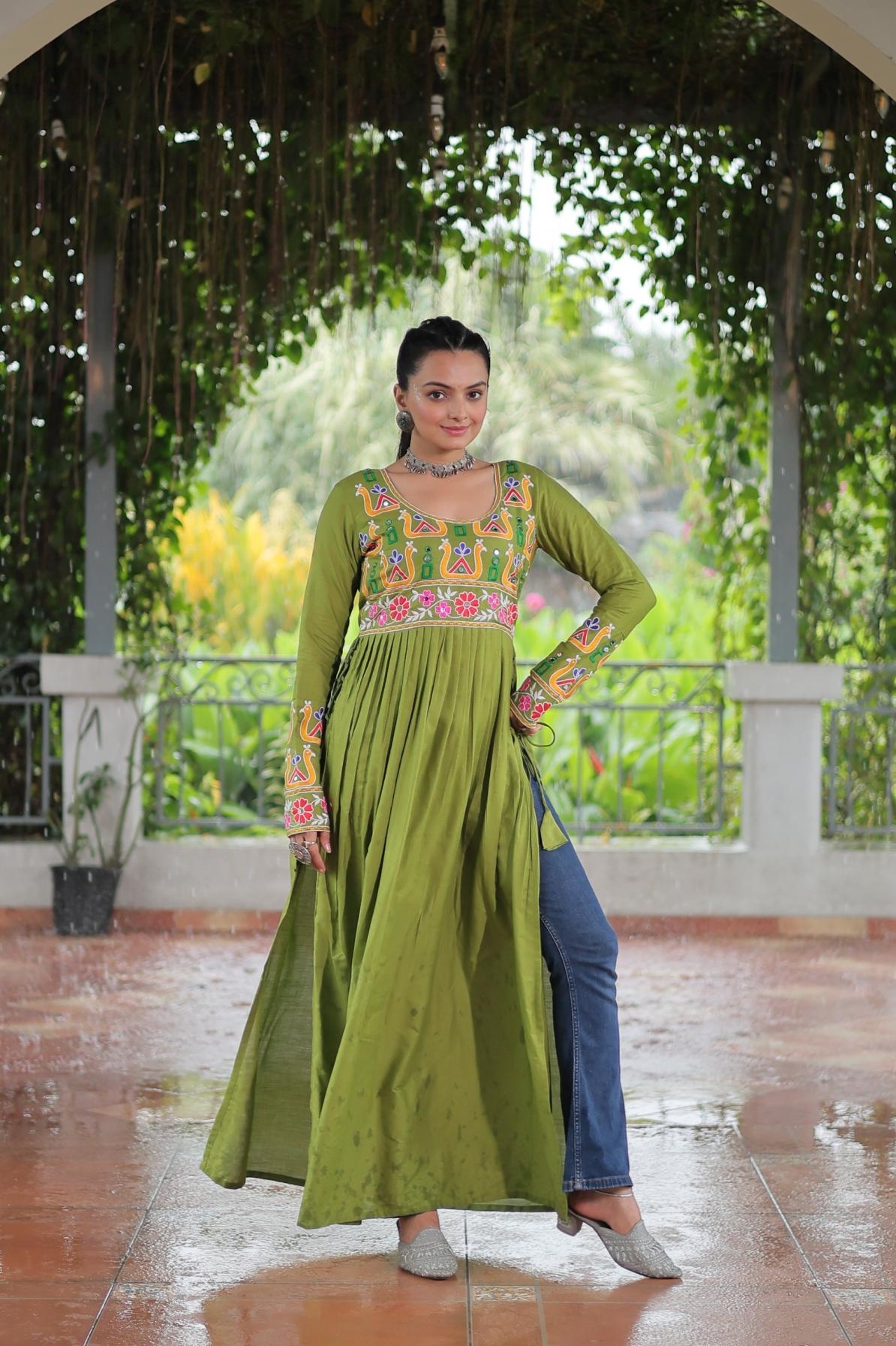 pr clothing ka 1183 rayon gamthi work readymade navratri special long kurti in wholesale surat
