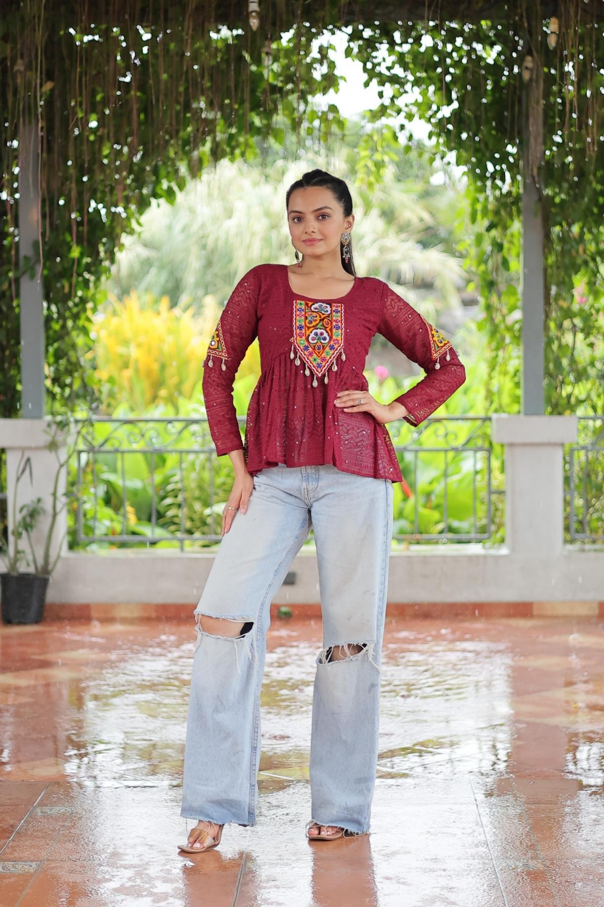 pr clothing ka 1186 navratri special georgette schiffli work readymade top in wholesale surat