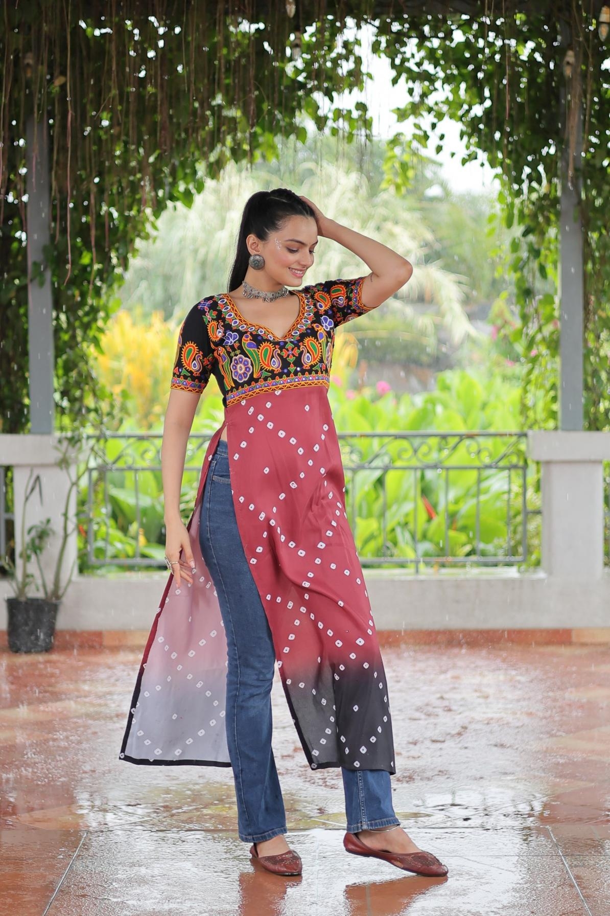 pr clothing ka 1188 navratri special readymade rayon gamthi work long kurti in wholesale surat
