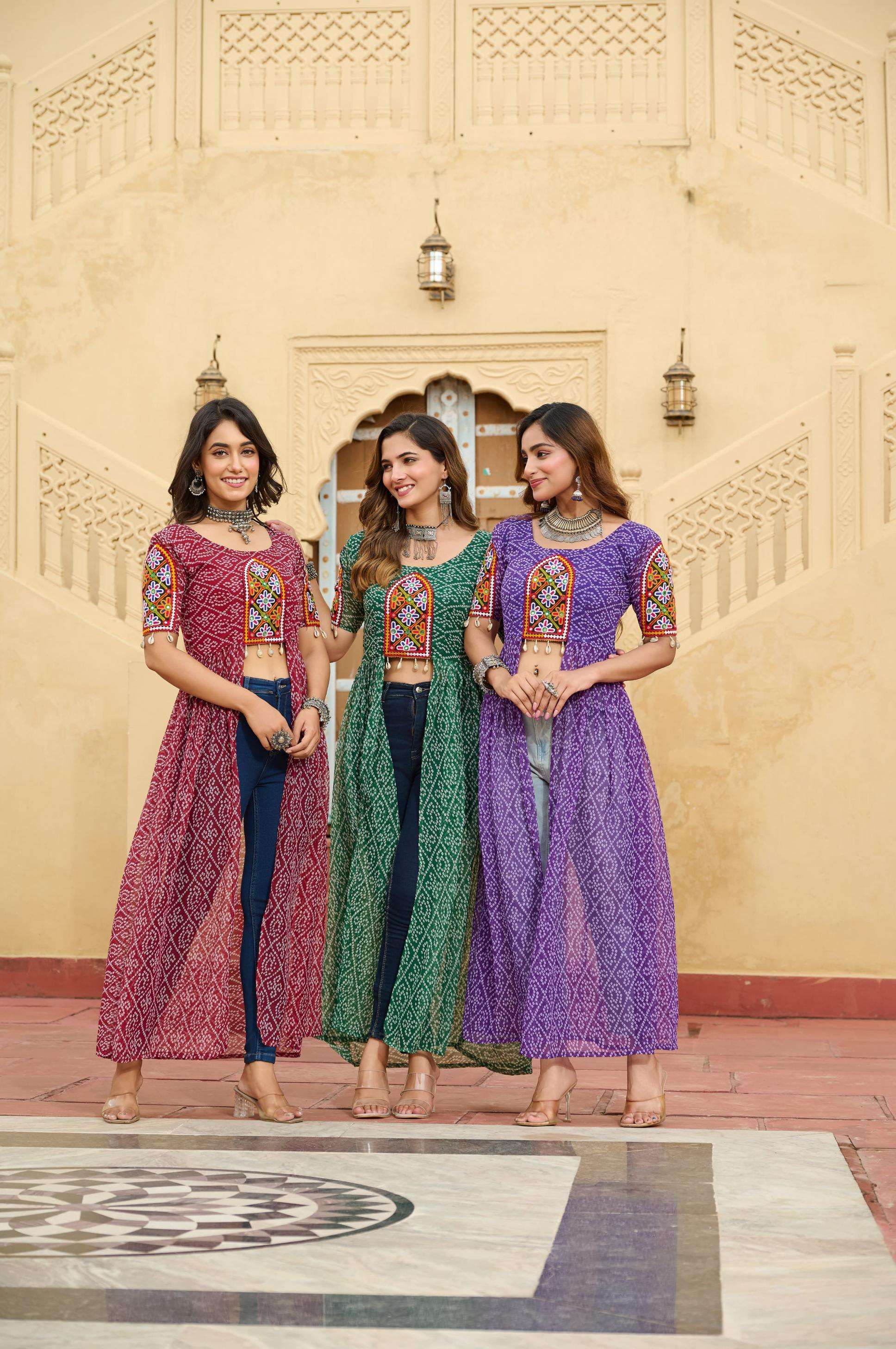 pr clothing ka 1189 amazing bandhani print readymade navratri long kurtis in wholesale surat