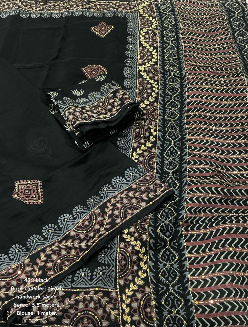 pr clothing kc 425 ajrakh handwork chanderi cotton unique saree in wholesale surat