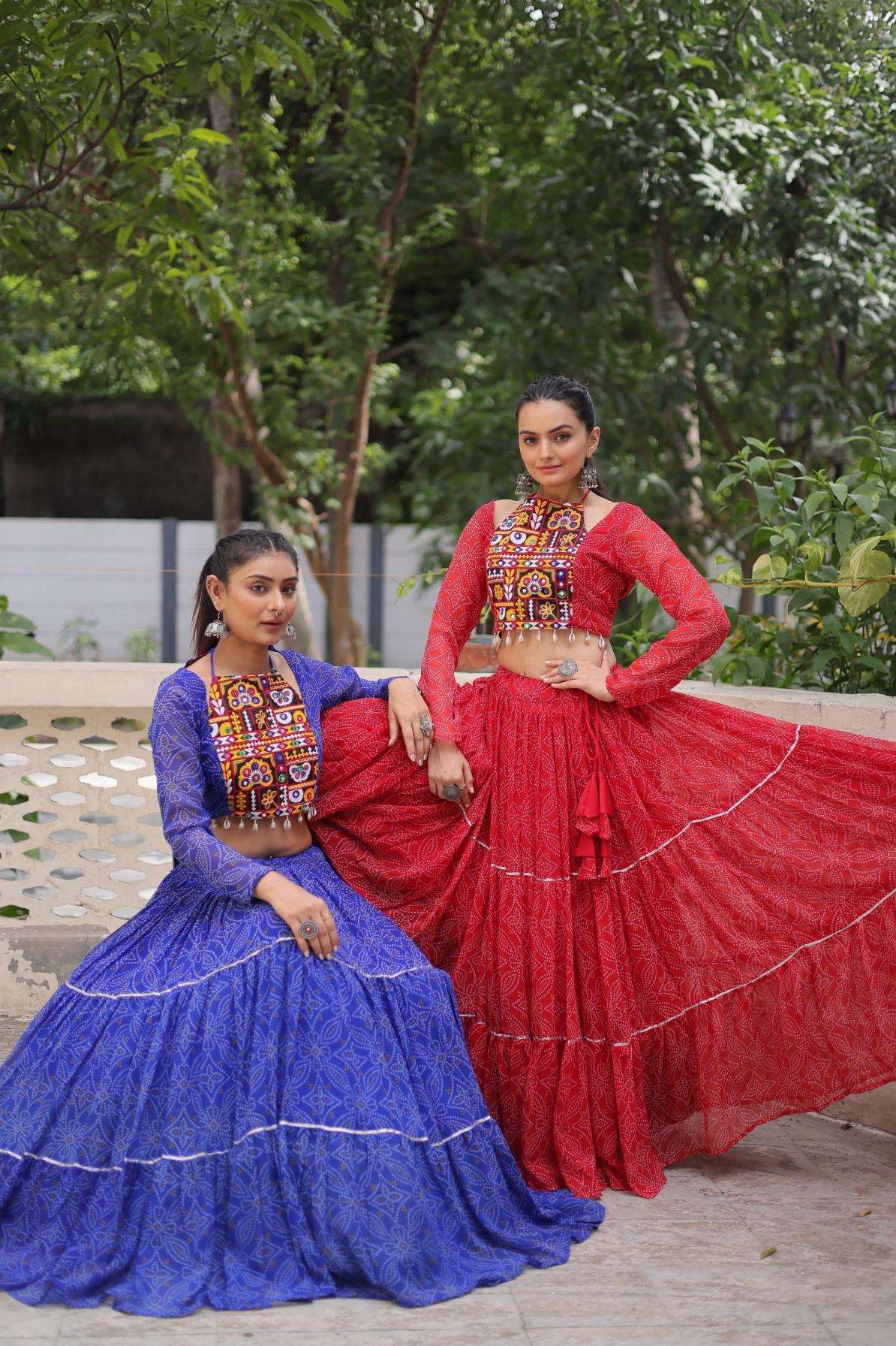 pr clothing lw 7134 faux georgette readymade bandhej navratri lehenga with top in wholesale surat