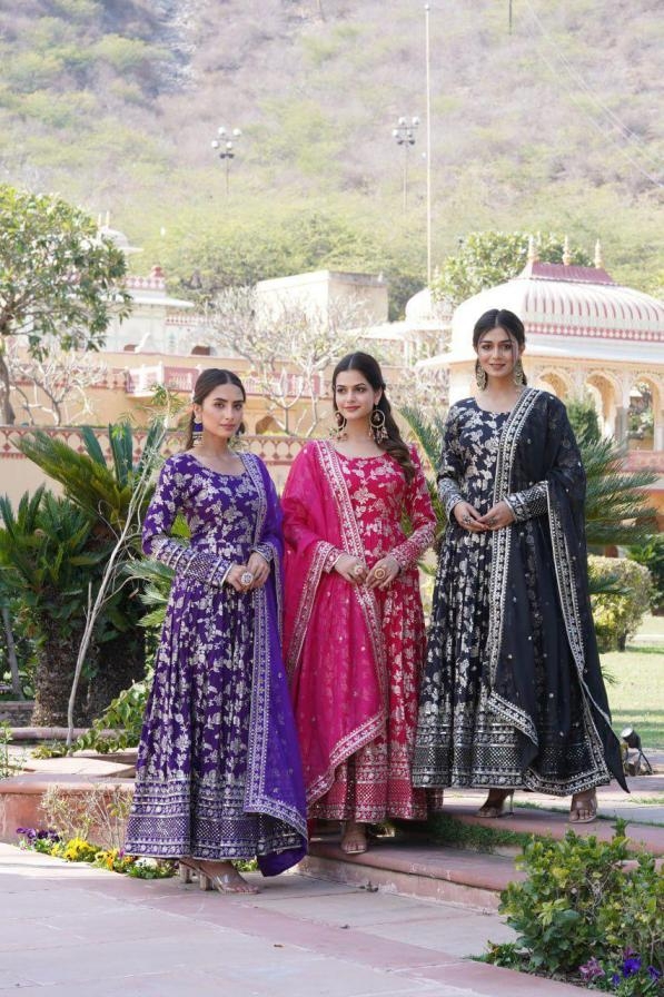 pr clothing lw 9172 readymade viscose diable jacquard party wear gown with dupatta in wholesale surat