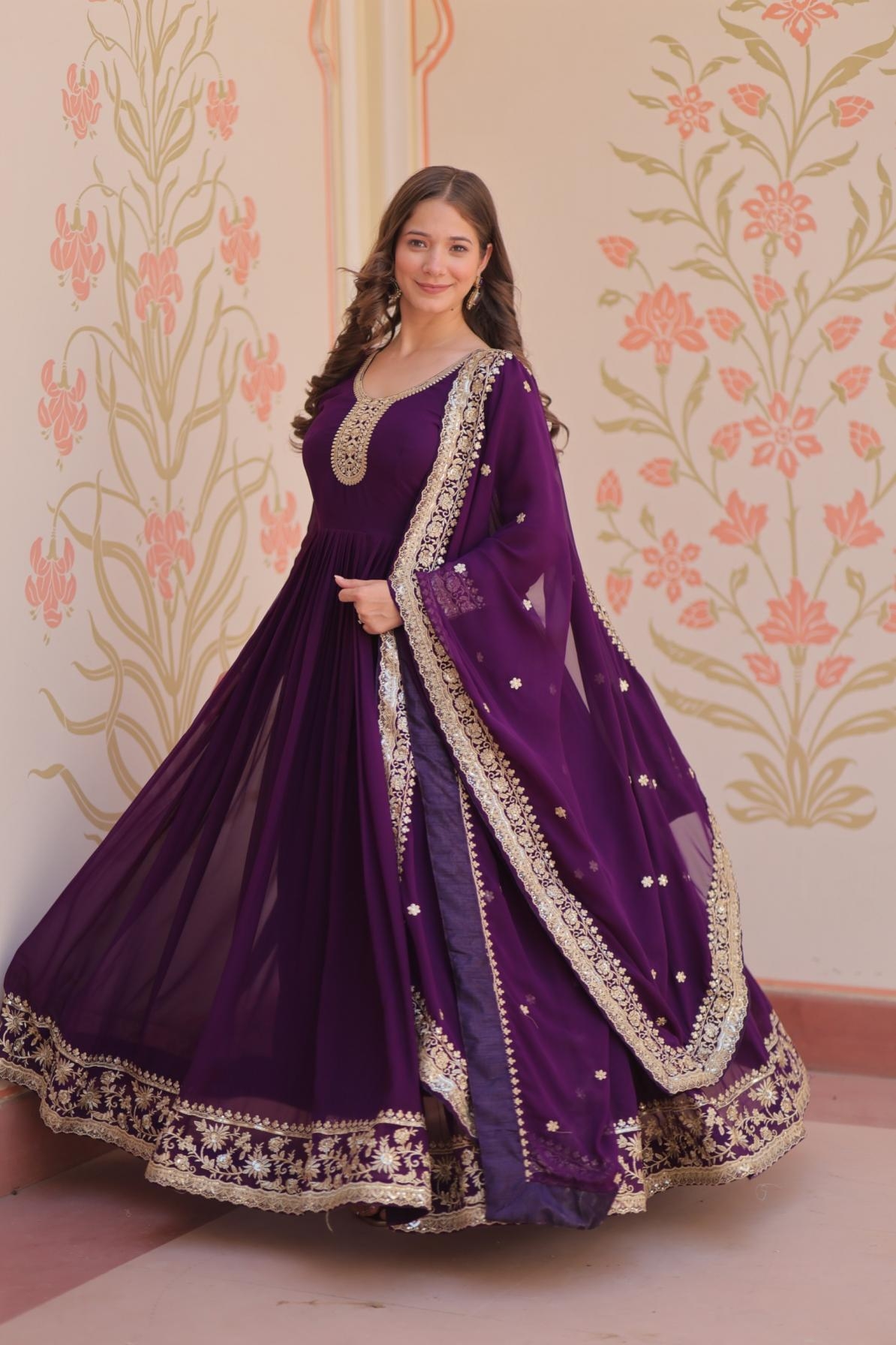 pr clothing lw 9241 faux blooming georgette readymade trendy gown with dupatta in wholesale surat