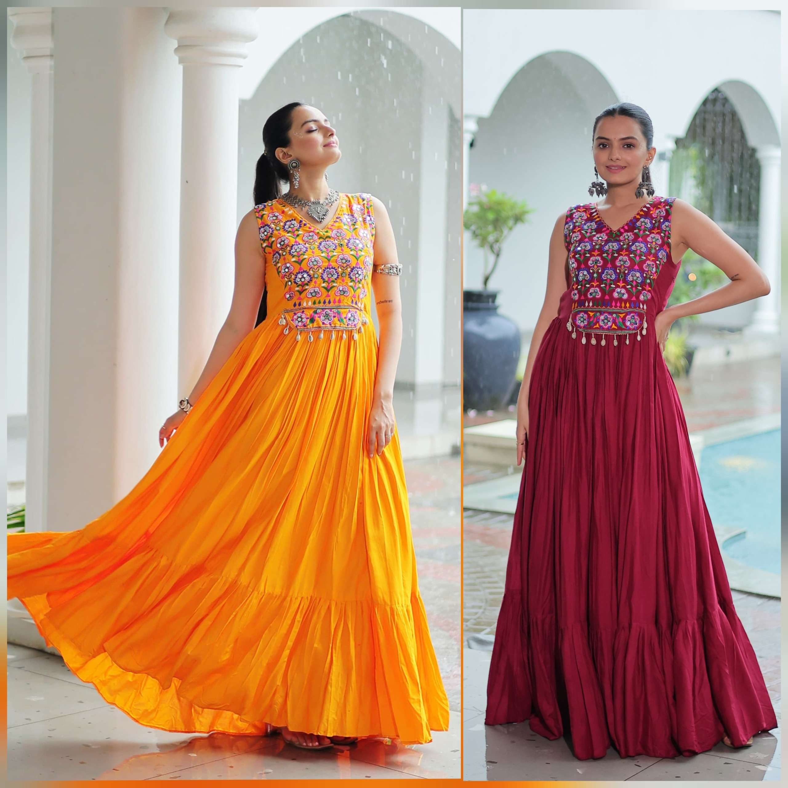 14 Kg Reyon With Kutchi Gamthi Thread Embroidered Work Gown in wholesale surat