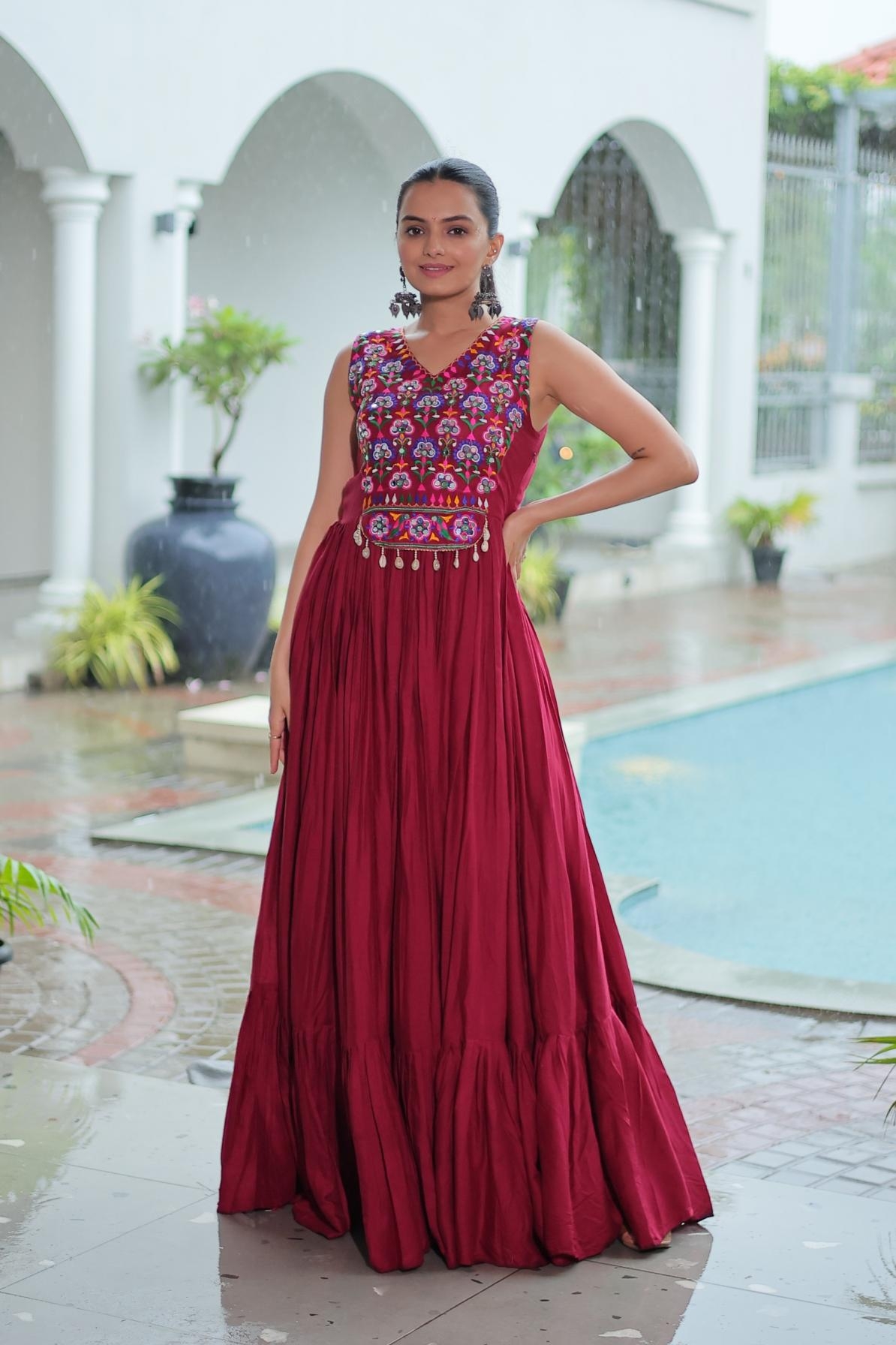 pr clothing lw 9258 readymade rayon gamthi thread work navratri special gowns in wholesale surat