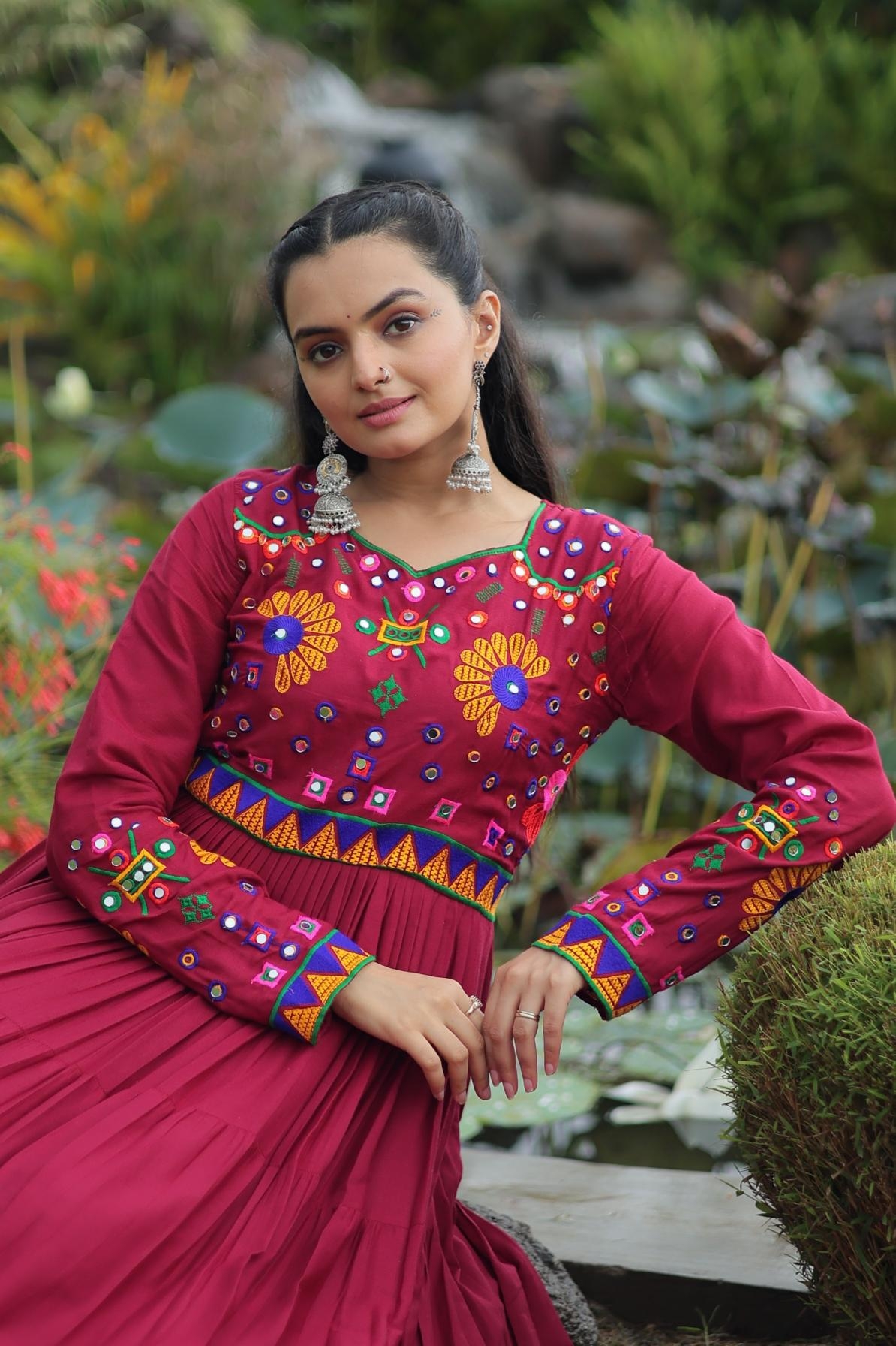 pr clothing lw 9261 rayon readymade gamthi work navratri special flair gown in wholesale surat