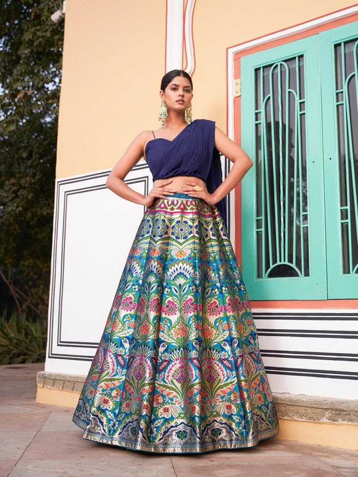 pr clothing nnk2046 trendy banarasi silk semi stitch lehenga stitch blouse with dupatta in wholesale surat