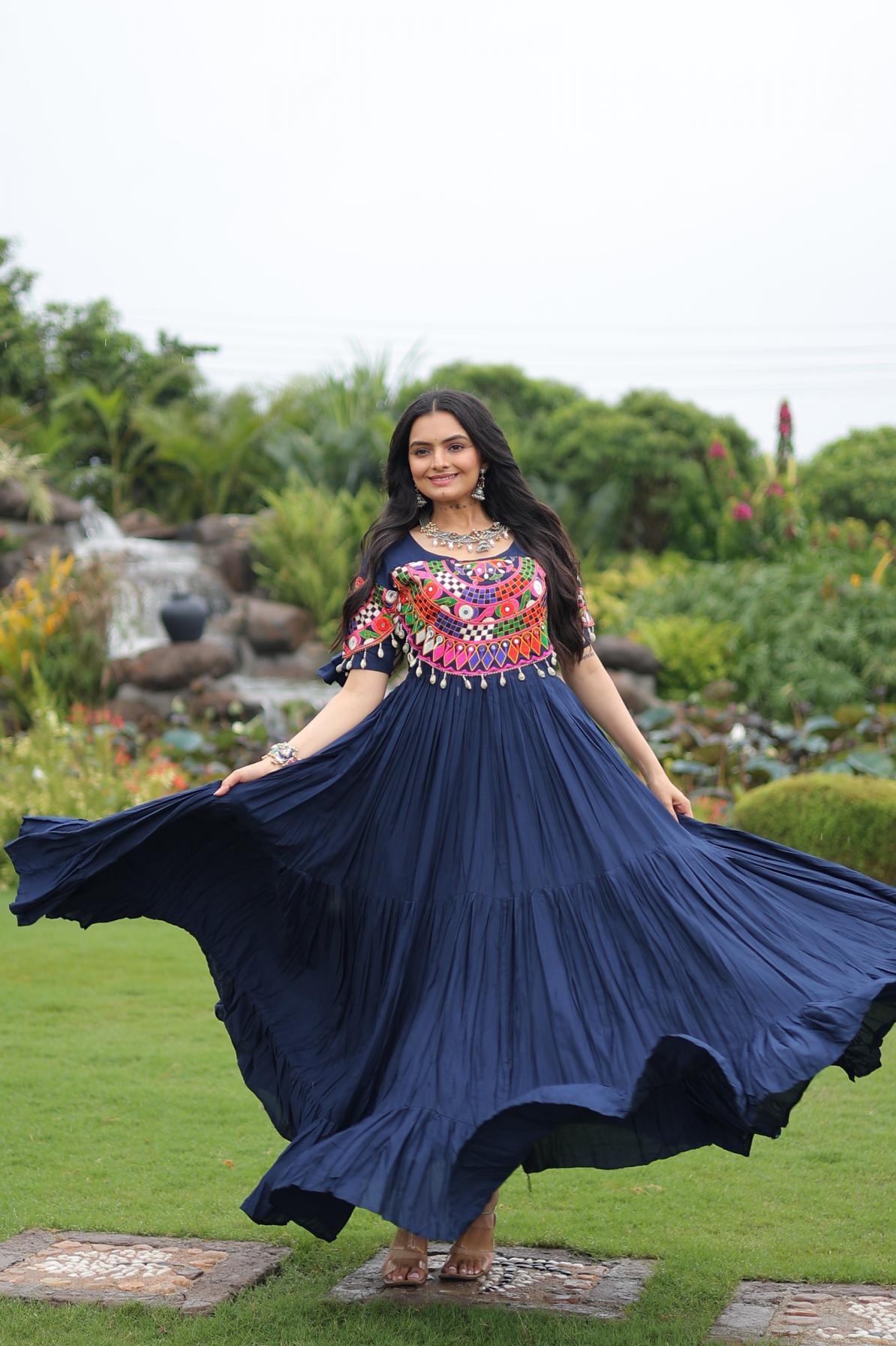 pr clothnig lw 9259 rayon gamthi work readymade stylish navratri gown in wholesale surat
