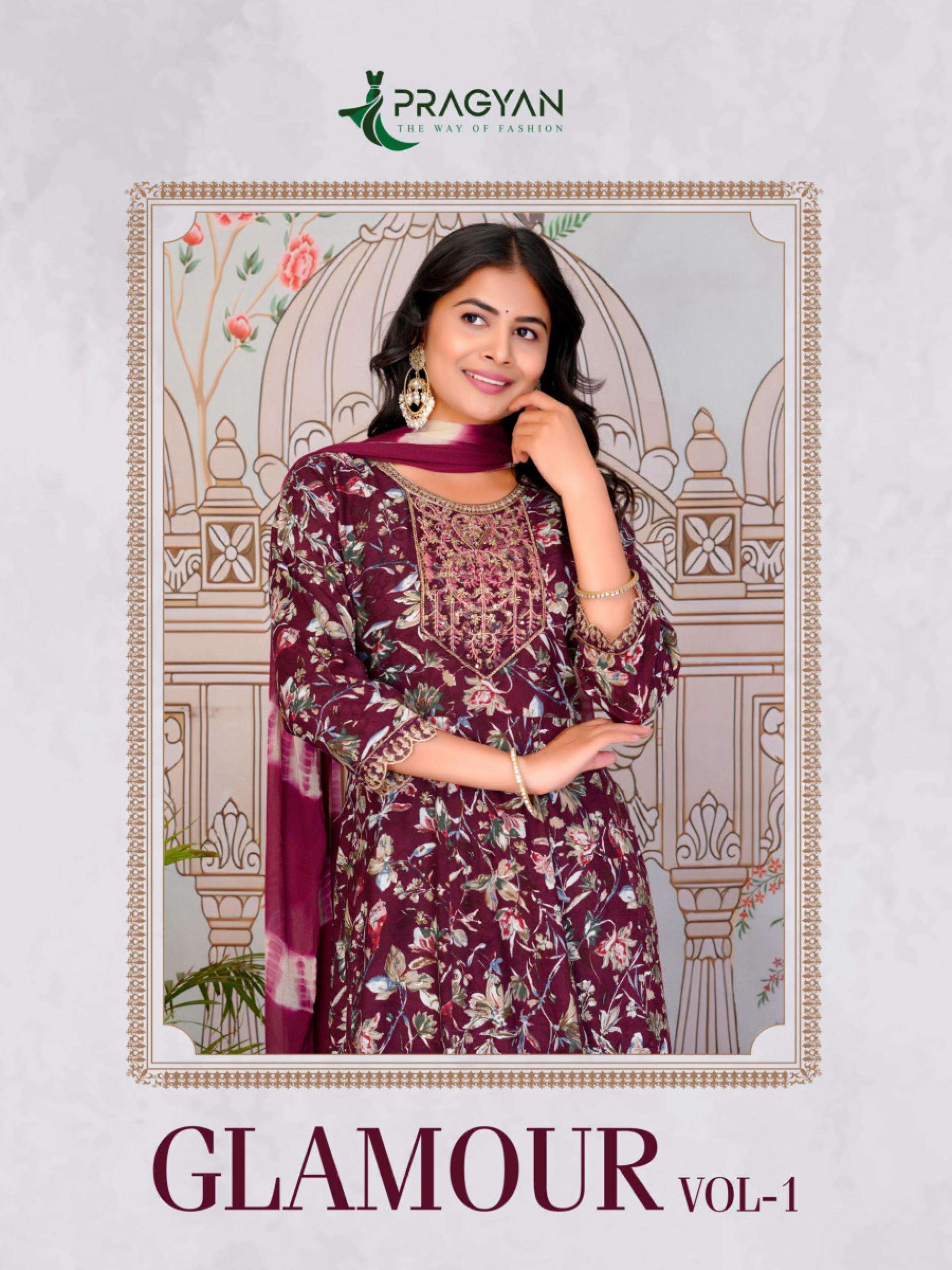 pragyan glamour vol 1 series 1001 to 1006 rayon anarkali style readymade stylish salwar kameez in wholesale surat