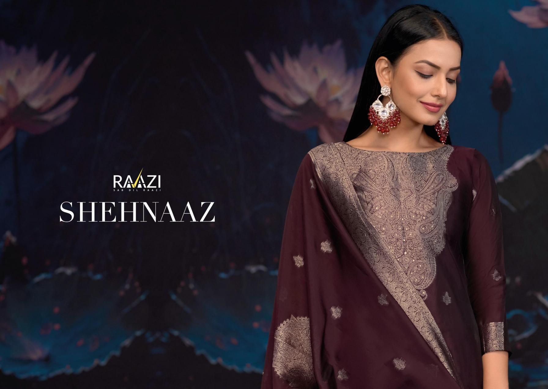 raazi rama fashions shehnaaz series 1001 to 1006 silk jacquard trendy salwar kameez in wholesale surat