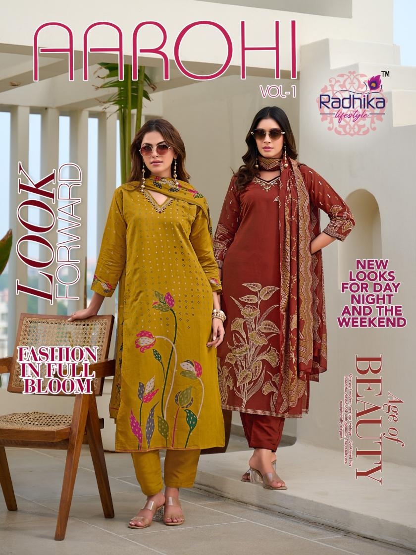radhika lifestyle aarohi vol 1 series 1001 to 1006 modal print readymade elegant suits in wholesale surat