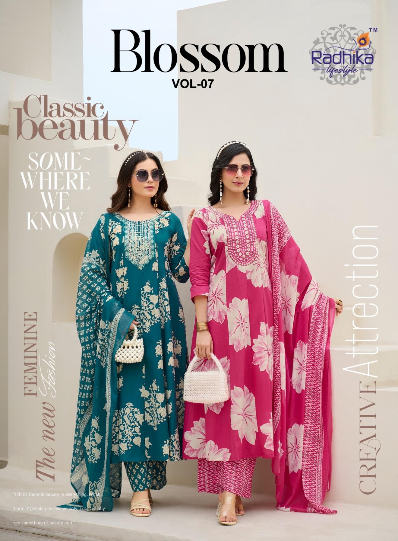 radhika lifestyle blossom vol 7 series 7001 to 7008 cotton readymade plus size plazzo suit in wholesale surat