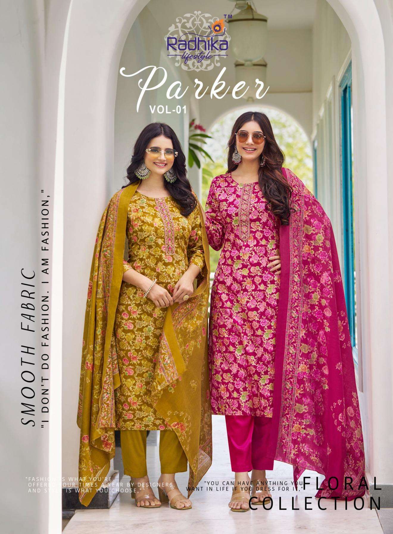 radhika lifestyle parker vol 1 series 1001 to 1006 jam satin readymade plus size suit in wholesale surat