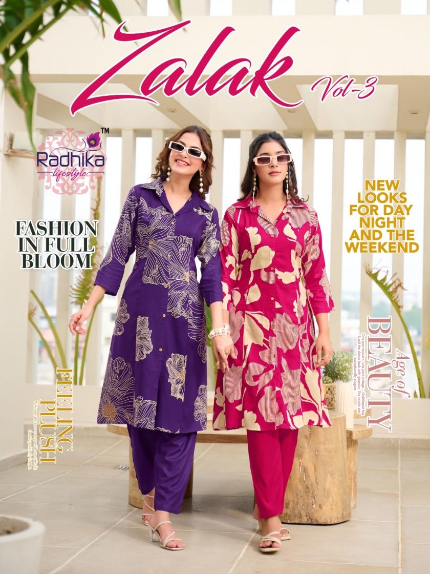 radhika lifestyle zalak vol 3 series 3001 to 3008 rayon readymade unique a-line co-ord sets in wholesale surat