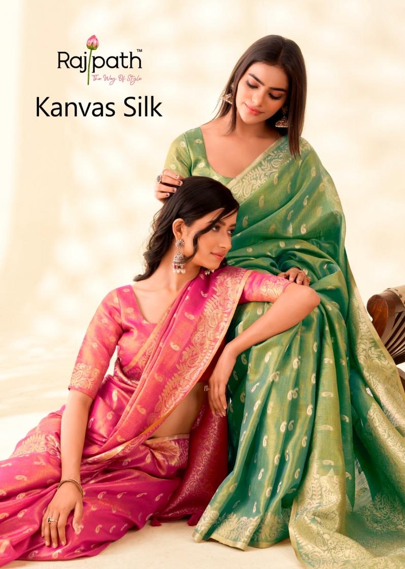rajpath kanvas silk series 424 to 429 tissue silk weaving fancy saree in wholesale surat