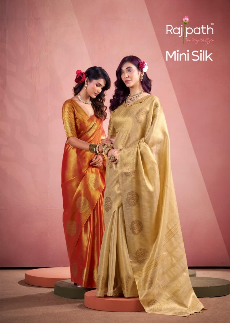 rajpath mini silk series 774 to 779 tissue trendy fancy weaving saree in wholesale surat
