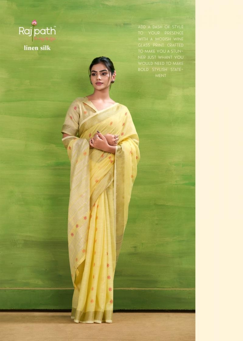 rajpath sunrise silk series 406 to 411 linen silk fashionable saree in wholesale surat