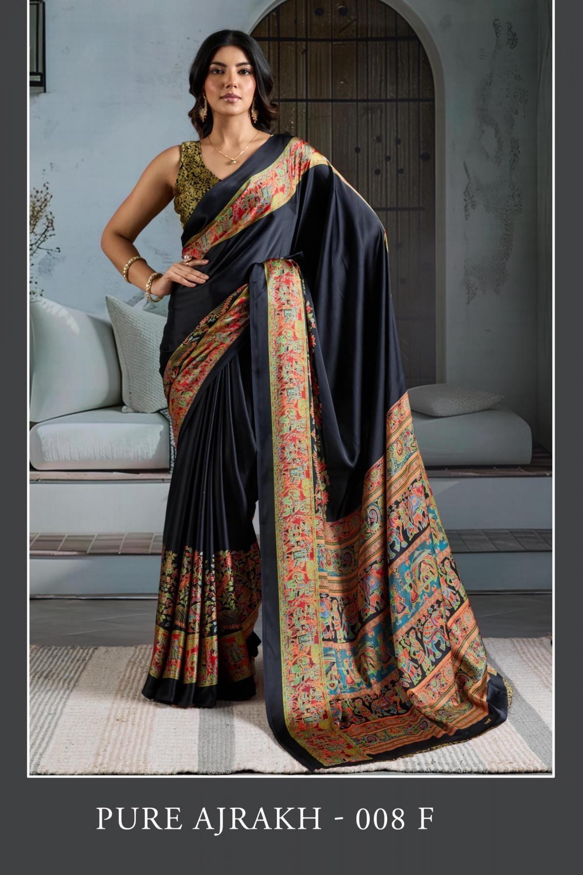 rajtex pure ajrakh 008 A to F modal satin fashionale saree in wholesale surat