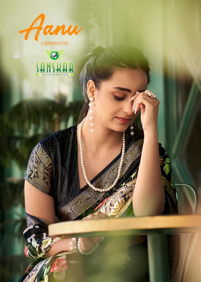 sanskar tex aanu series 51001 to 51008 prints hit design dola jari lining sarees in wholesale surat
