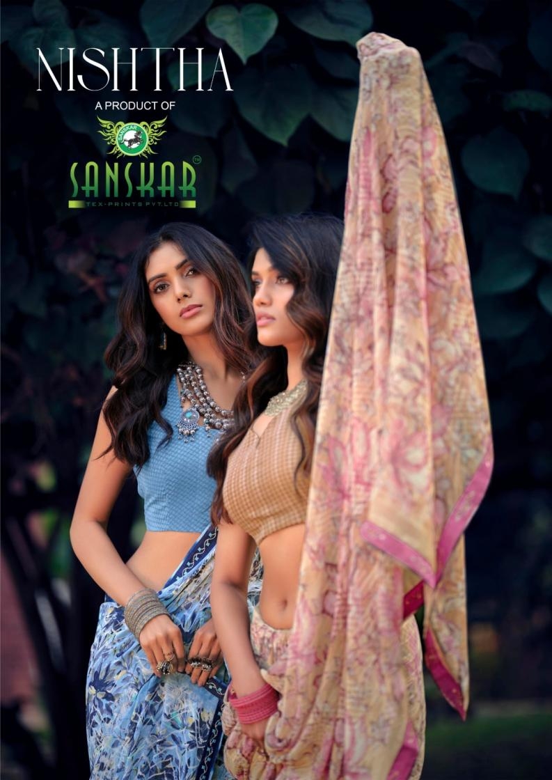sanskar tex nishtha series 71001 to 71008 prints georgette casual saree in wholesale surat