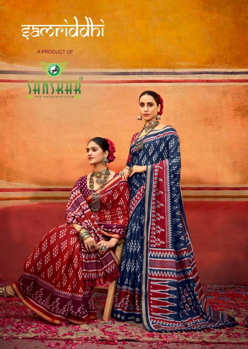 sanskar tex samriddhi series 1001 to 1008 prints trendy viscose print sarees in wholesale surat
