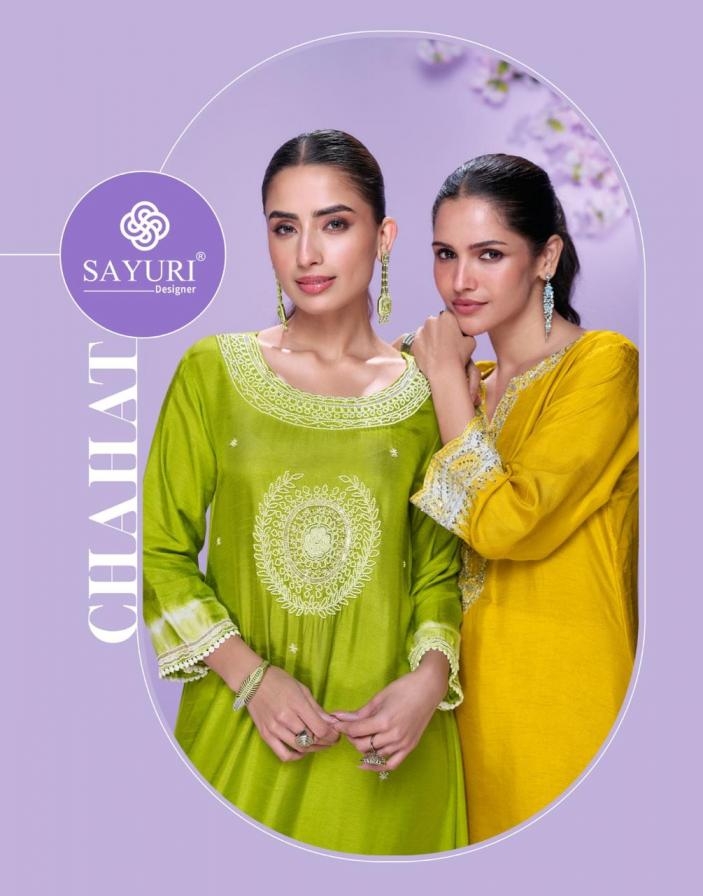 sayuri designer chahat series 5841 to 5844 silk readymade premium diagonal cut kurtis in wholesale surat