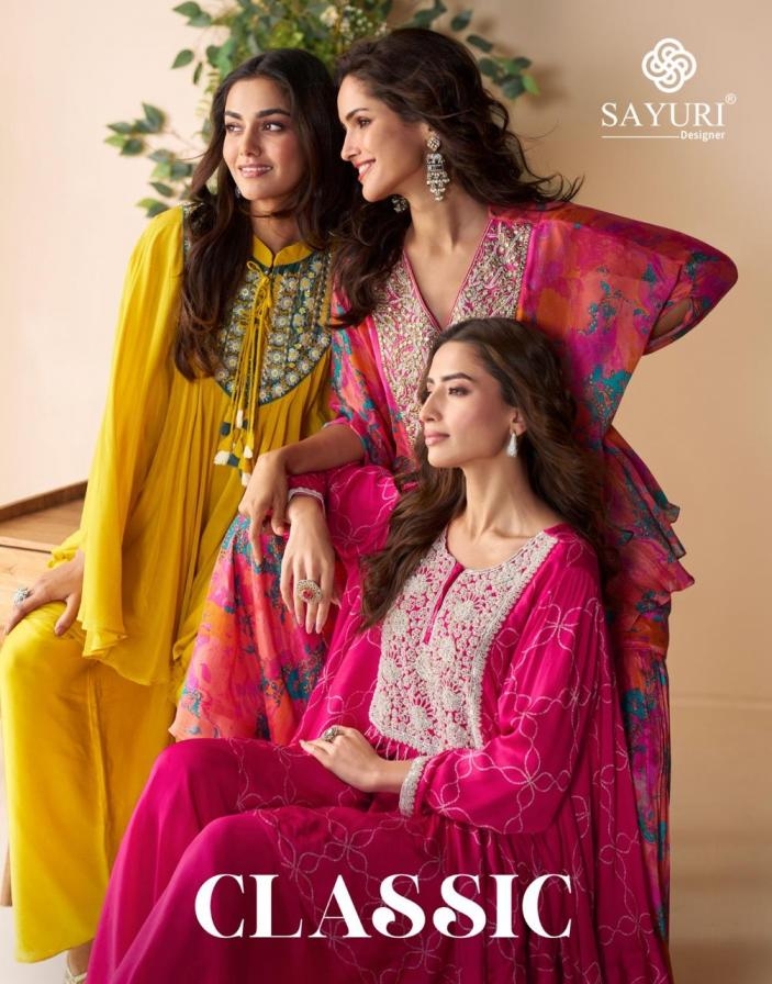 sayuri designer classic series 10054 to 10058 exclusive chinon silk readymade kurti with plazzo in wholesale surat
