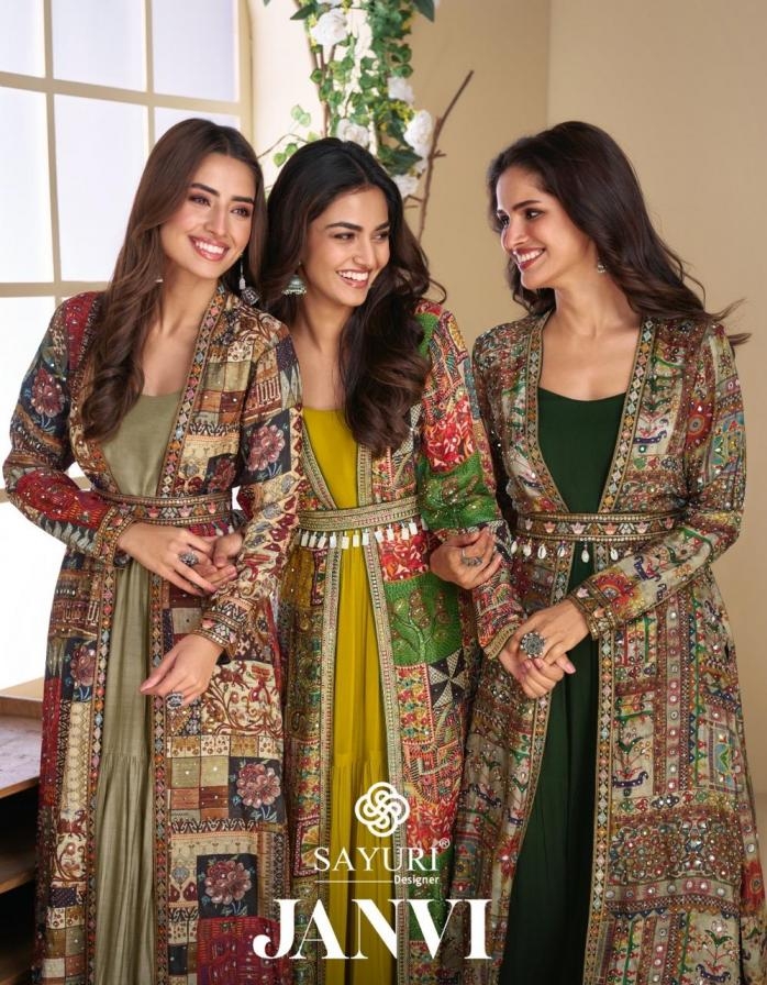 sayuri designer janvi series 5824 to 5827 georgette readymade traditional gown jackets with belt in wholesale surat