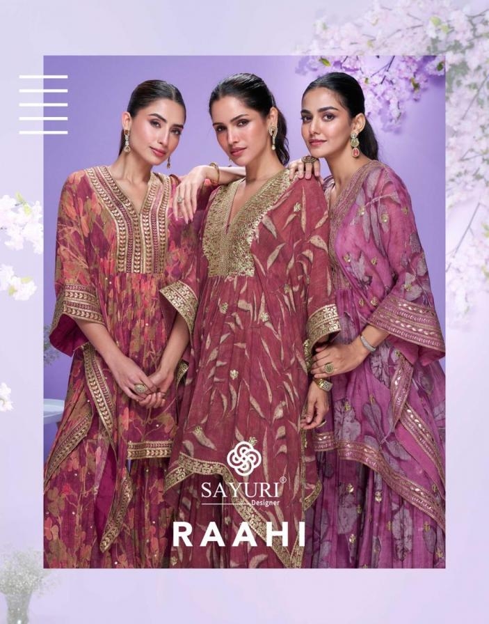 sayuri designer raahi series 10059 to 10061 georgette readymade traditional kaftan kurti with gharara in wholesale surat