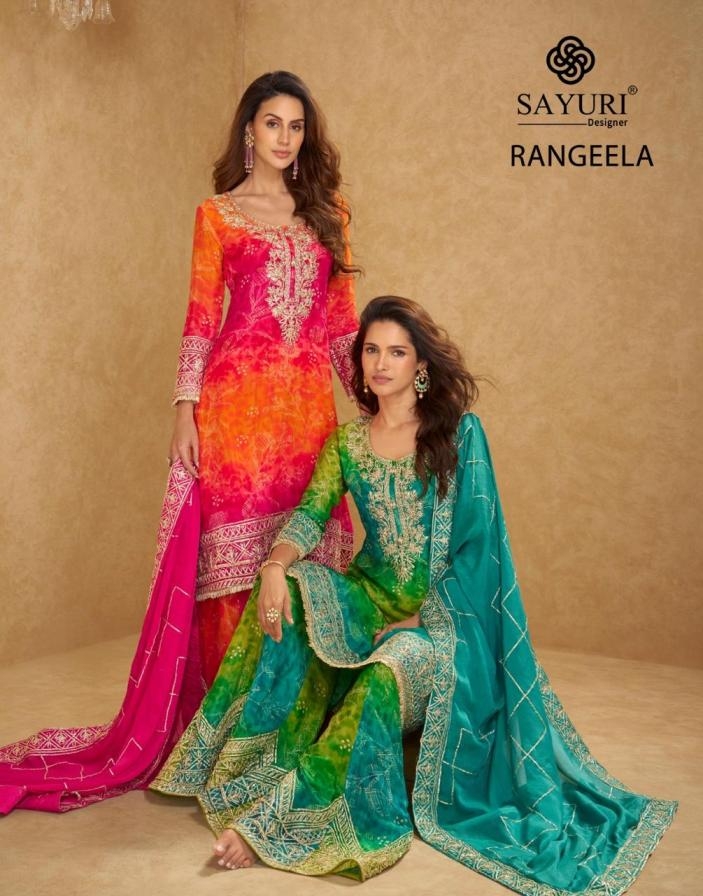 sayuri designer rangeela 5814 to 5815 chinon silk readymade plazzo style suit in wholesale surat