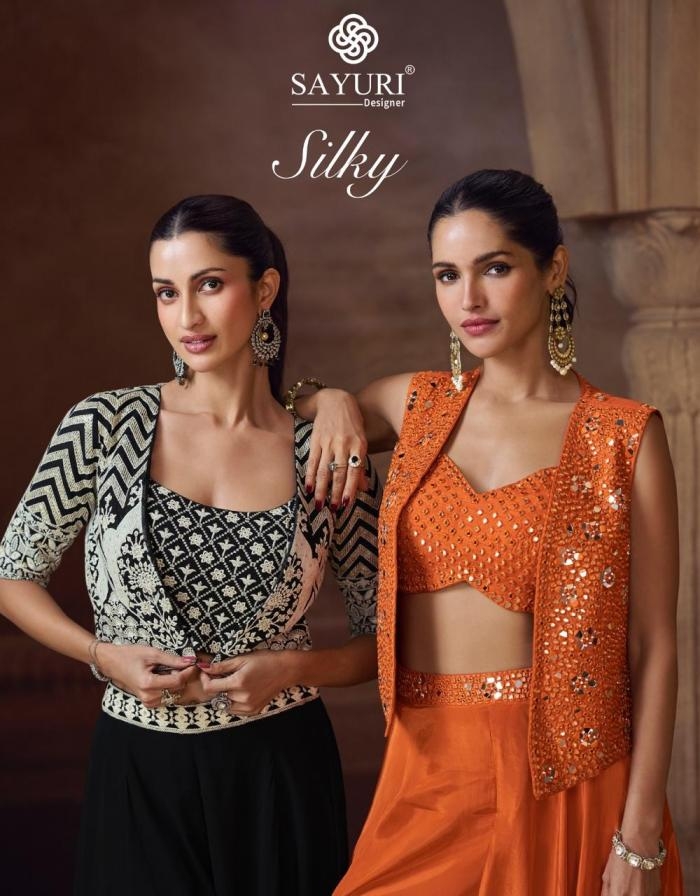 sayuri designer silky series 5828 to 5830 chinon silk readymade western plazzo suit in wholesale surat